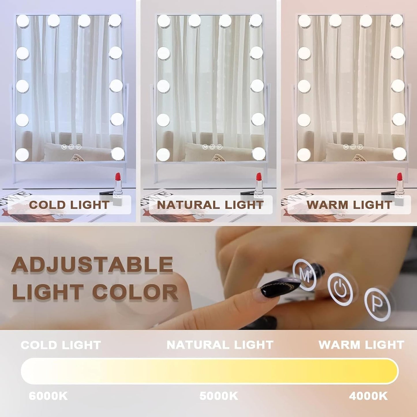 Specchio Da Trucco Con Luci Luce Hollywood Specchio Con a 3 Colori E 12 Lampadine a LED Dimmerabili Specchio Hollywood Da Tavolo Touch Screen Regolabile a 360 Gradi