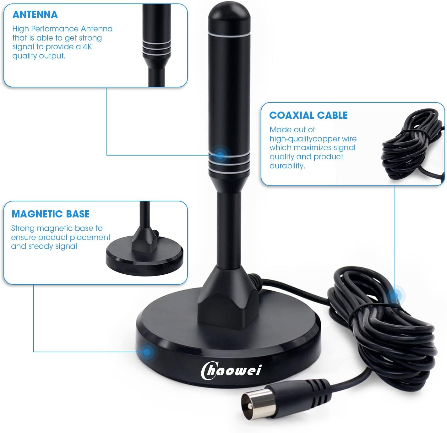 -Antenna TV Portatile Amplificata Interna a 120 Miglia Antenna a Base Magnetica Con Amplificatore Di Segnale per Canali Gratuiti 4K 1080P VHF UHF/DVB-T2, Cavo Coassiale 2M