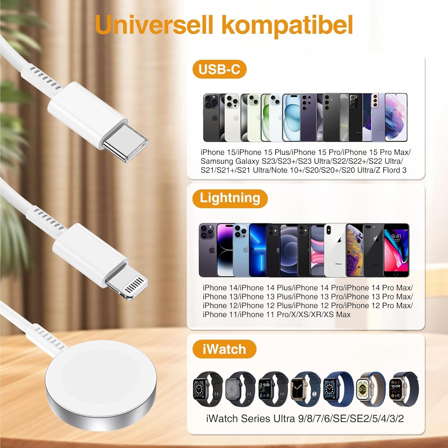 Cavo Di Ricarica 3 in 1 per Apple Watch E Iphone, Caricatore USB C Iphone E Cavo 2 M, Tipo C Charger Adapter Spina Originale per Iphone 15 Pro Max/14 Plus/13/12/11/X,Iwatch Series