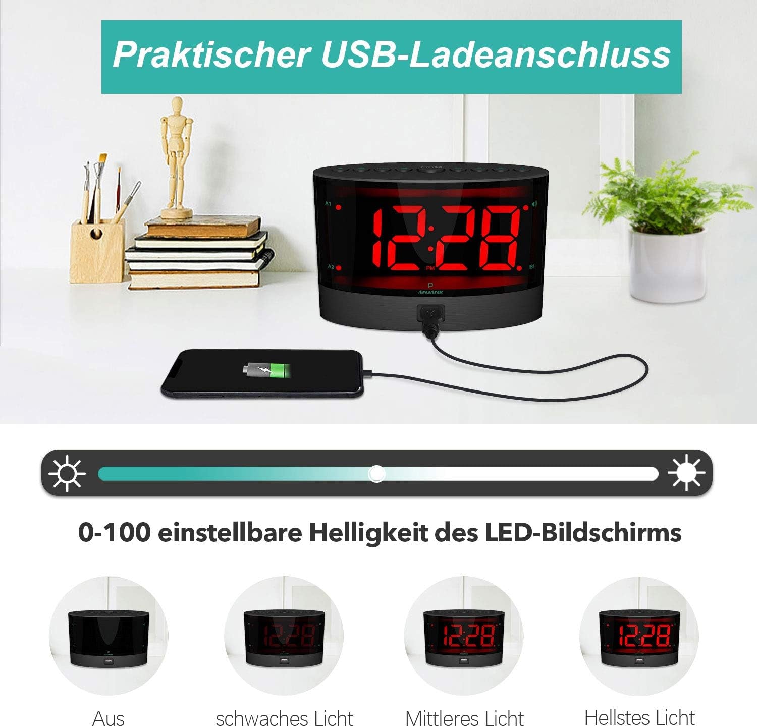 Sveglia Vibrante Senza Fili Estremamente Forte Con Shaker Elettrico per Assenza Di Udito,Disturbi Dell'Udito, Sonno Profondo,Doppio Allarme, Backup Della Batteria,Caricatore Usb,Grande Display