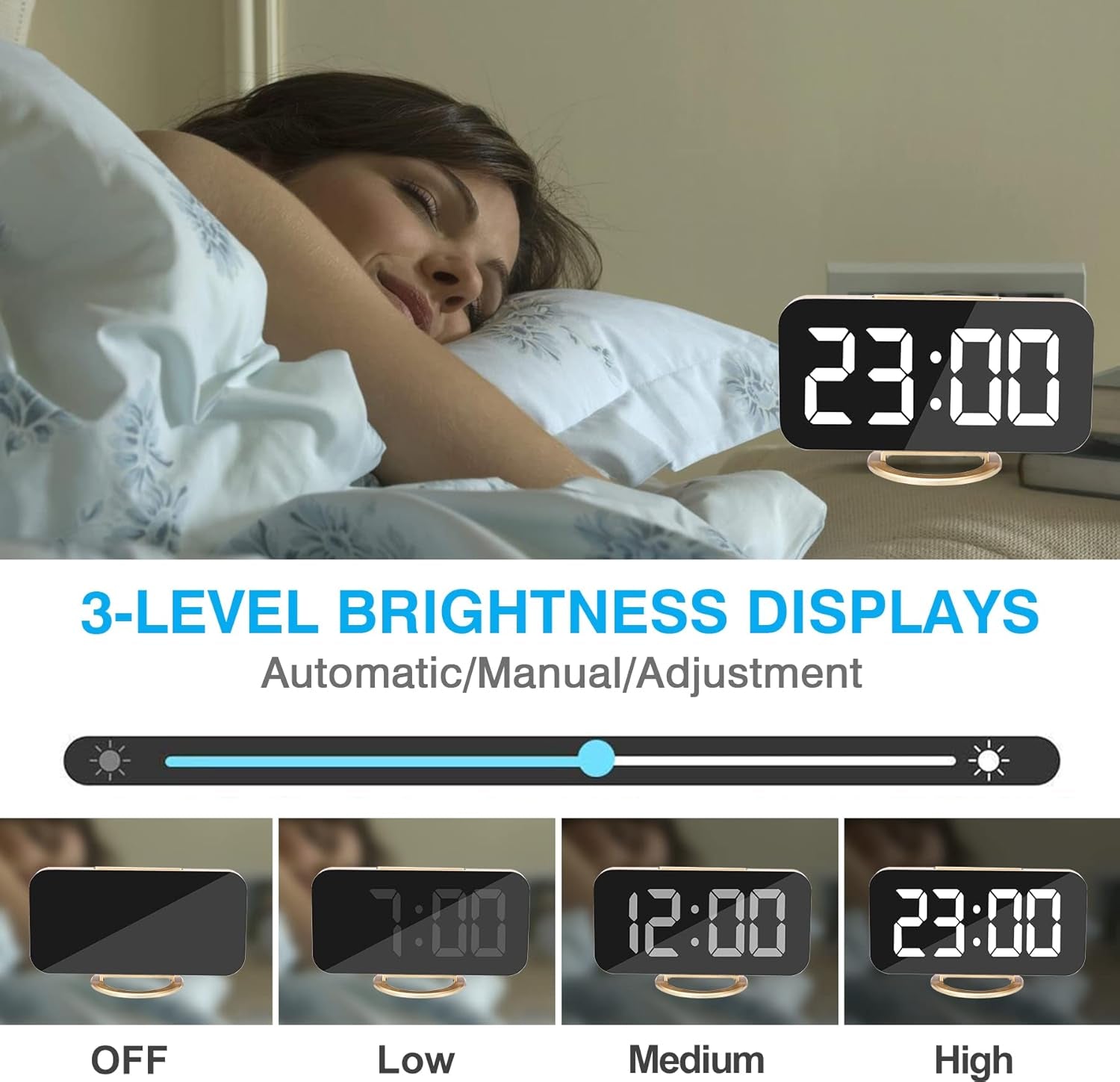 Sveglia Digitale, Elettronica, Grande Display LED a Specchio Portatile Con 2 Porte Di Ricarica USB, Snooze, 12/24 Ore Sveglia Comodino 3 Livelli Di Dimmer-Oro