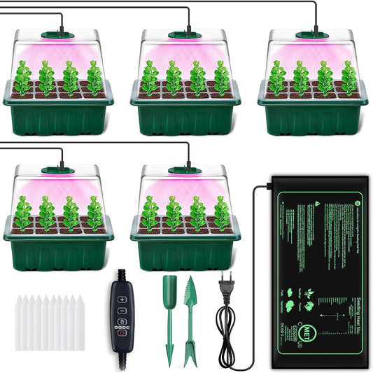 Vassoio Germinazione, 5 Pezzi Mini Serra Germinazione Con Tappeti Riscaldati, Luminosità Regolabile E Regolatore Di Temporizzazione, Propagatore Di Semi Kit per Germinazione Coltivazione