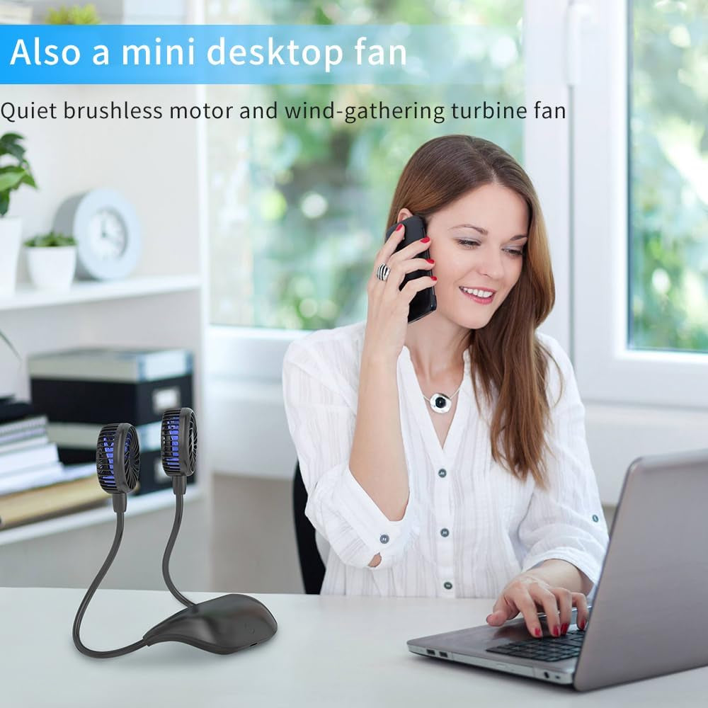 Ventilatore Collo Portatile,5000Mah USB Ventilatore,Mini Doppia Ventola 360° Girevole 6 Velocità 26 Ore Di Orario Di Lavoro per Viaggi,Sport
