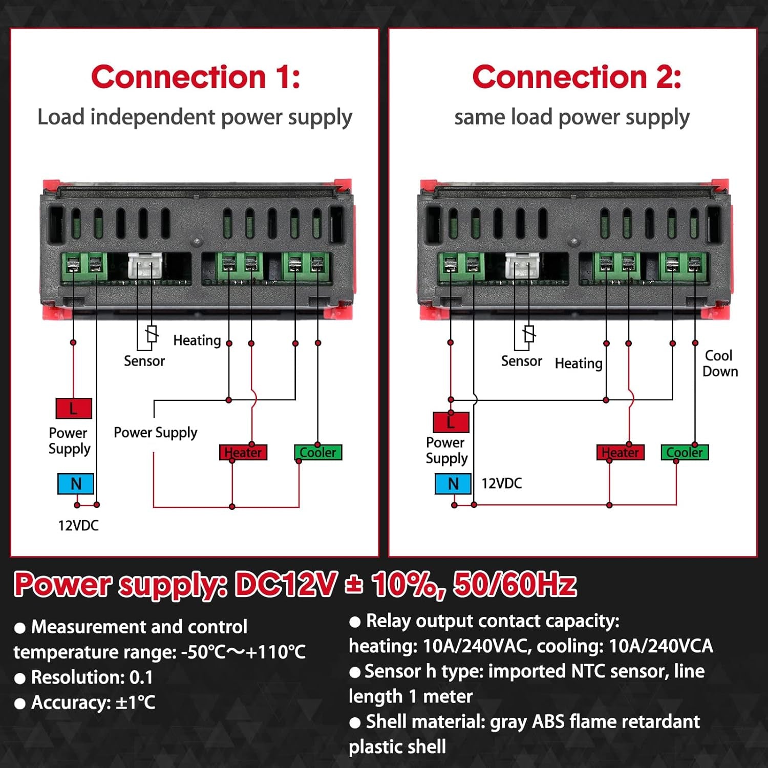 2 Pezzi Regolatore Di Temperatura Digitale DC 12V 10A Termostato Centigrado Termoregolatore Generale Calibrazione Della Temperatura Con Sensore 2 Uscite a Relè per Raffreddamento