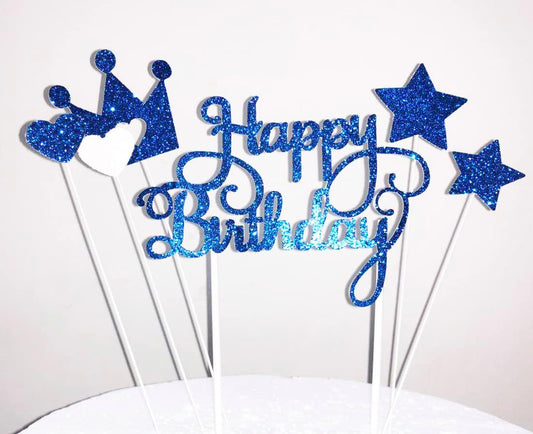 Fatto a Mano 6 Contatori Glitter Torta Decorating Toppers per Torta Cuptorta E Gelato - Happy Birthday Glitter Set Blu Scuro