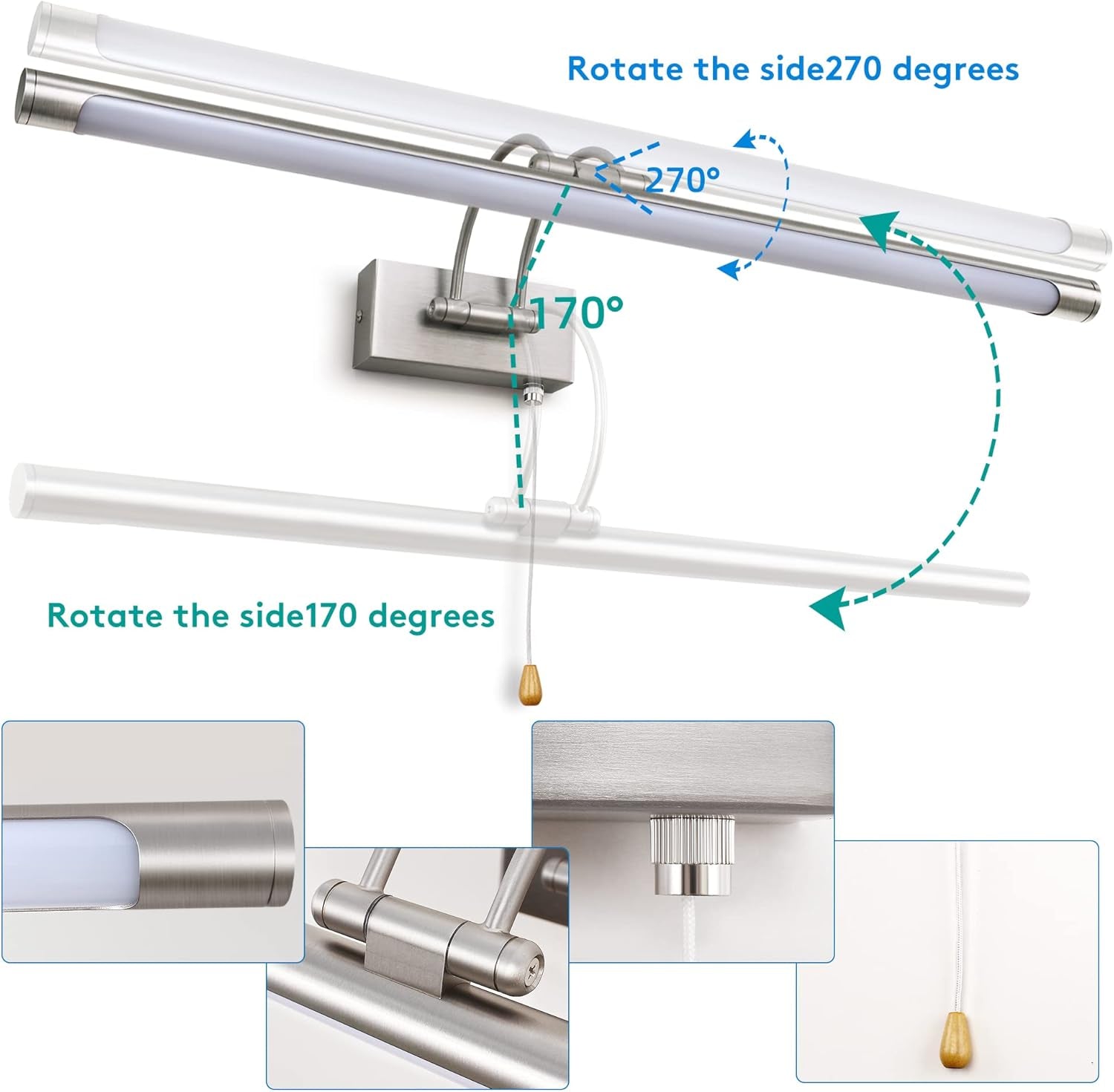 LED Applique Parete Lampada 60Cm 12W Illuminazione Specchio Da Bagno IP44 3000K Nichel Regolabile Braccio Luce Dell'Immagine Luci Lettura Comodino Interni Applique Da Parete Con Tirare L'Interruttore