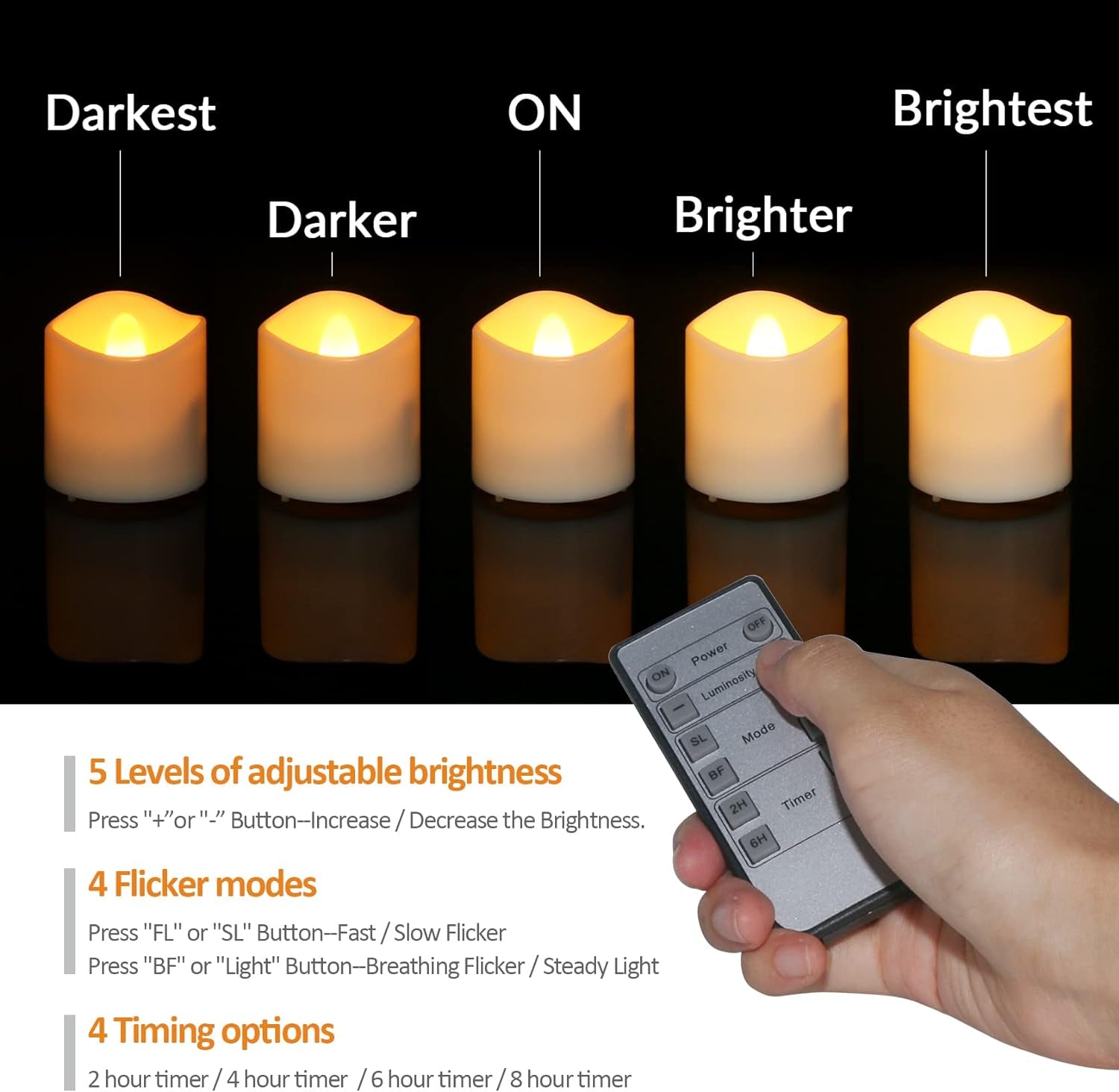 6 Candele LED Ricaricabili Con Funzione Timer, Telecomando, Fiamma Tremolante Elettrica Con Cavo Di Alimentazione per Soggiorno, Halloween, Natale, Matrimoni, Feste, Decorazioni
