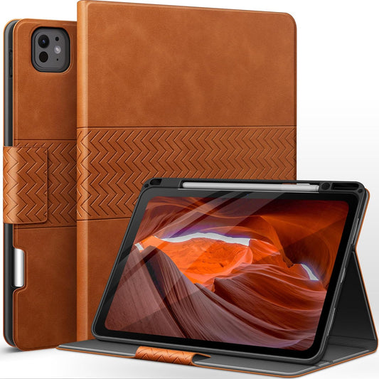Custodia per Ipad Pro 13 Pollici M4 (2024), Con Portapenne Integrato, Supporto per Pencil Pro/Pencil (USB-C), PU Pelle, Auto Svegliati/Sonno (Marrone)