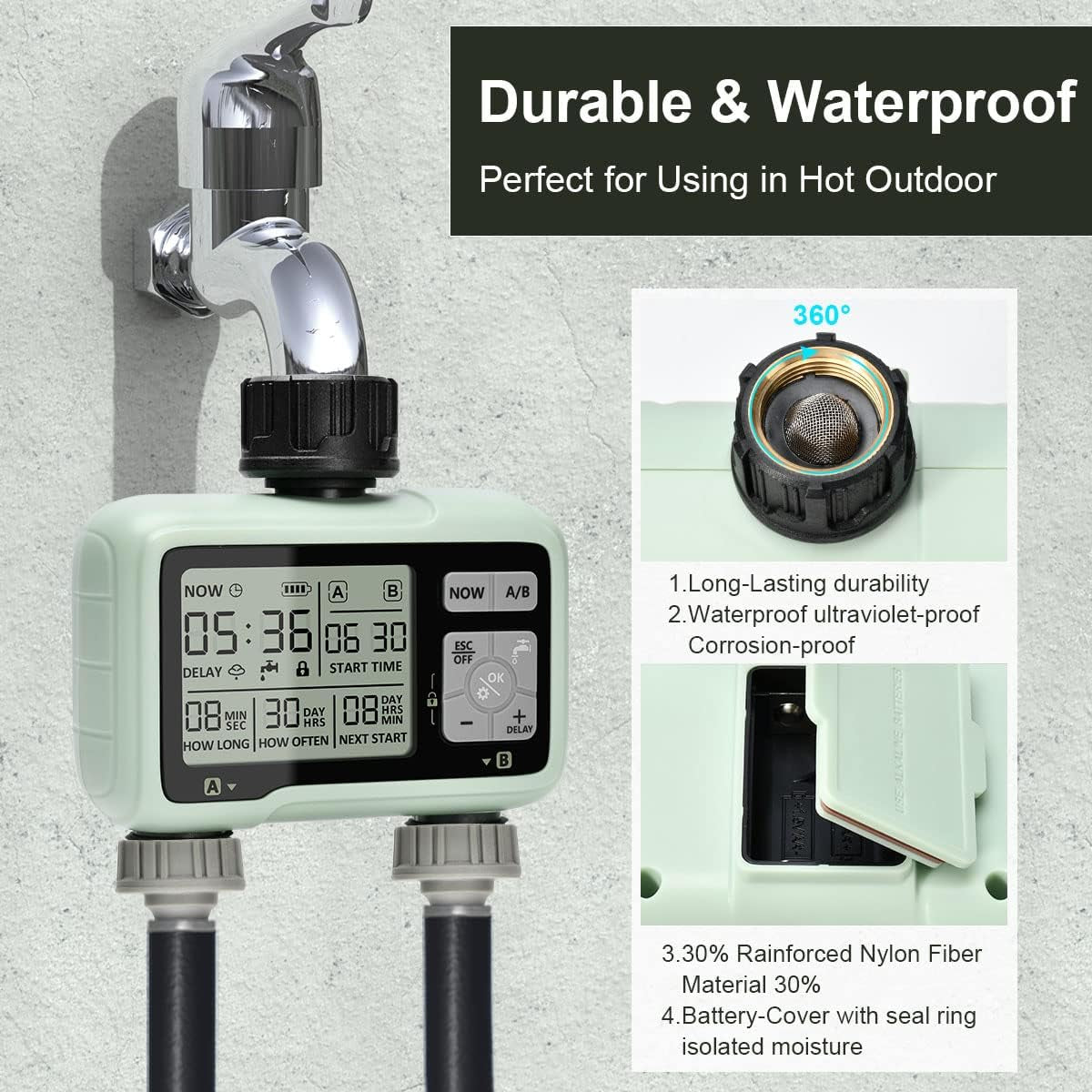 Computer per L'Irrigazione Con 2 Uscite Controllate in Modo Indipendente, Timer Digitale per L'Acqua  Con Display LCD, Controller per L'Irrigazione Automatica/Manuale