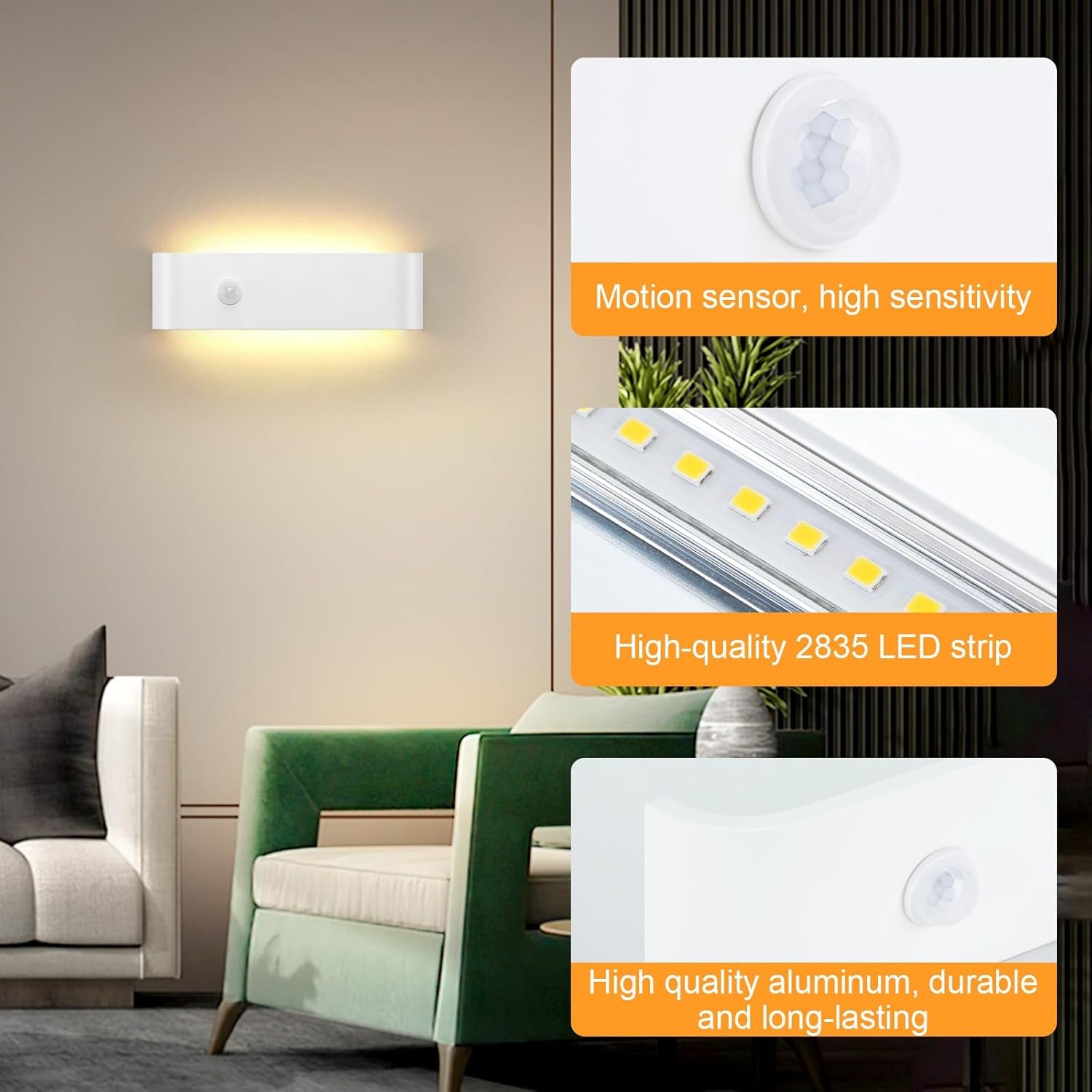 Applique Da Parete Interno Moderno, 16W Con Sensore Di Movimento Lampada Led Da Parete, 3000K Bianco Caldo Lampada Da Muro, per Soggiorno, Scala, Corridoio, Illuminazione per Interni, Bianco