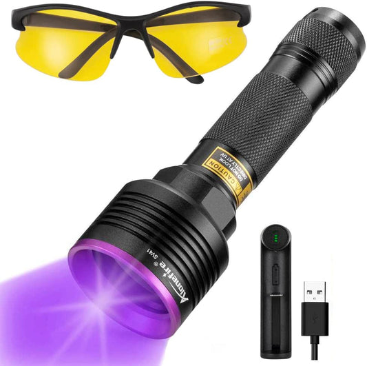 SV41 395Nm Torcia UV Professionale 10W Ricaricabile Ultravioletti Luce Nera Rileva Urina per Resina, Pesca, Fluorescina, Scorpioni, Colla Con Occhiali Protettivi UV, Batteria,Caricabatterie