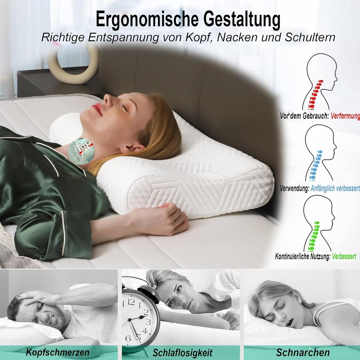 Cuscino Cervicale per Dormire, Cuscino Memory Foam, Antirussamento E Traspirante, Federa Anallergica - Supporto Ergonomico Con Altezza Regolabile E Onde Doppie-Dormi Come Una Brezza