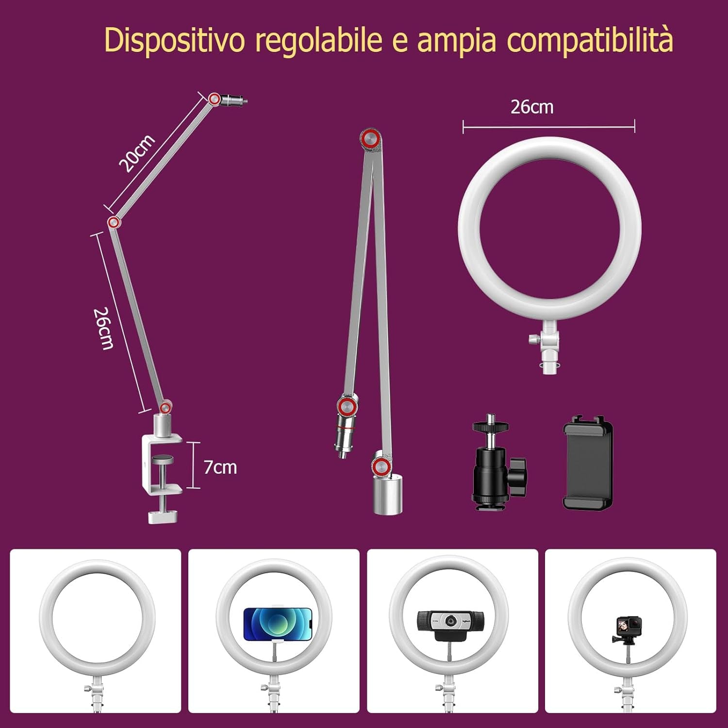 Ring Light Da 10'' per L'Ufficio Con Supporto E Supporto per Telefono, Tripod Ring Light, Lampada per Videoconferenza Con Braccialetto Dell'Ufficio Regolabile per Youtube, Tiktok (Bianco)