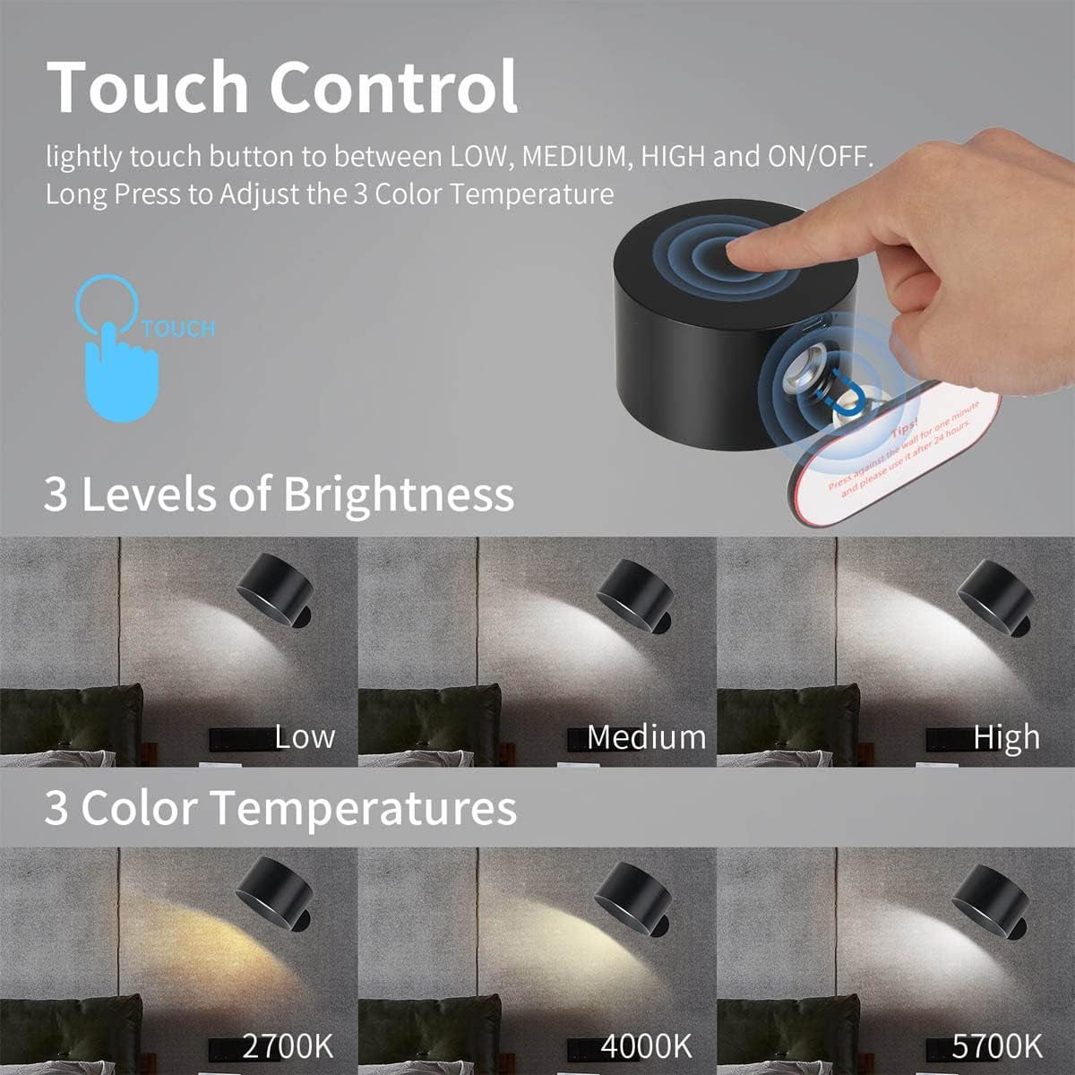 Lampada a LED Senza Fili Da Parete Con Ricarica USB-C E Supporto Magnetico Girevole a 360°, 3 Modalità Di Colore, Dimming a 3 Livelli (Colore Nero, Confezione Da 2)