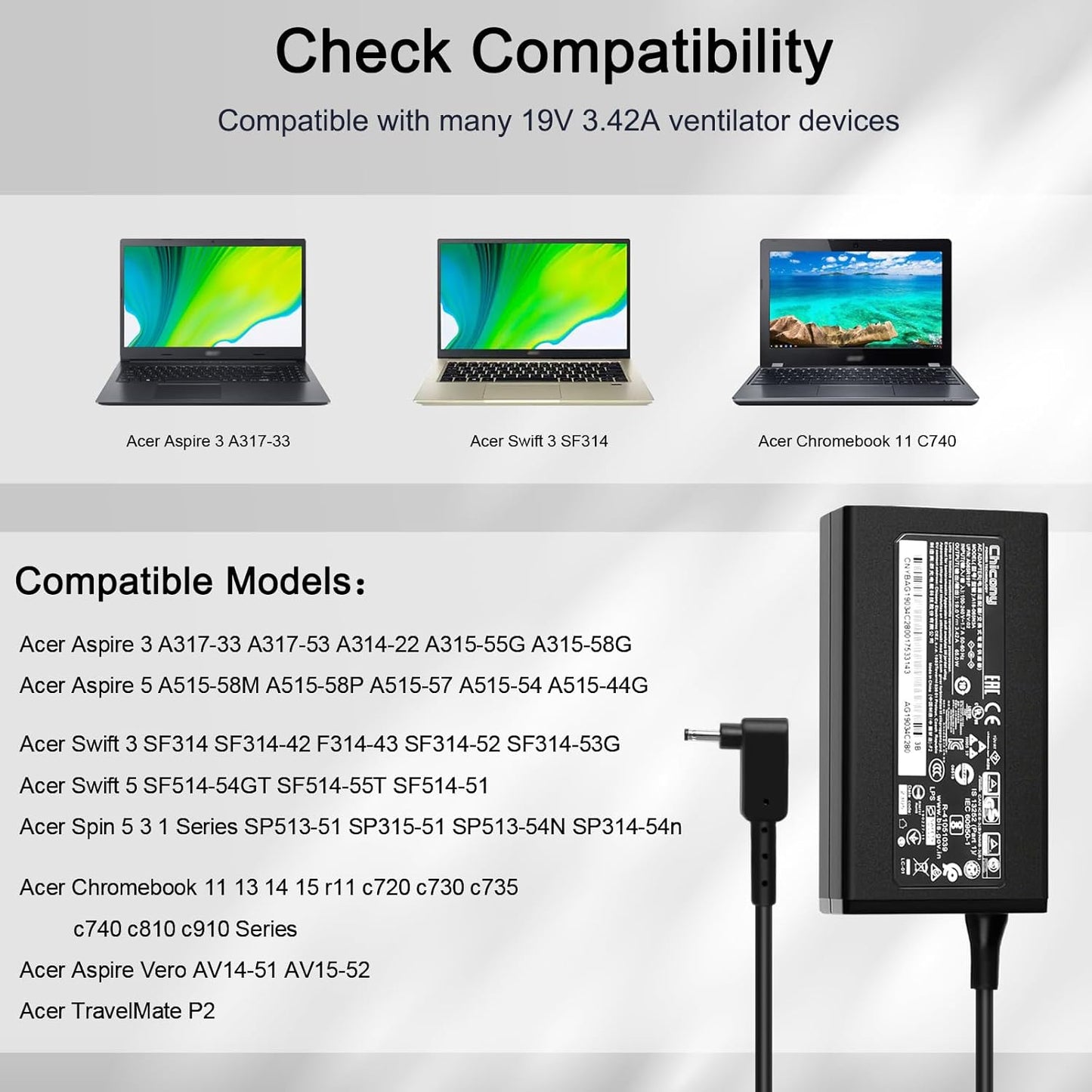 Caricatore 65W per Acer Aspire 3 A315-57G A317-53G Aspire 5 A514-54G A515-56G A517-52G Aspire Vero AV14-52P AV15-52 Acer Spin 3 5 SP313-51N SP513-55N Acer Swift 3 SF313-53 SF314-42 Alimentatore