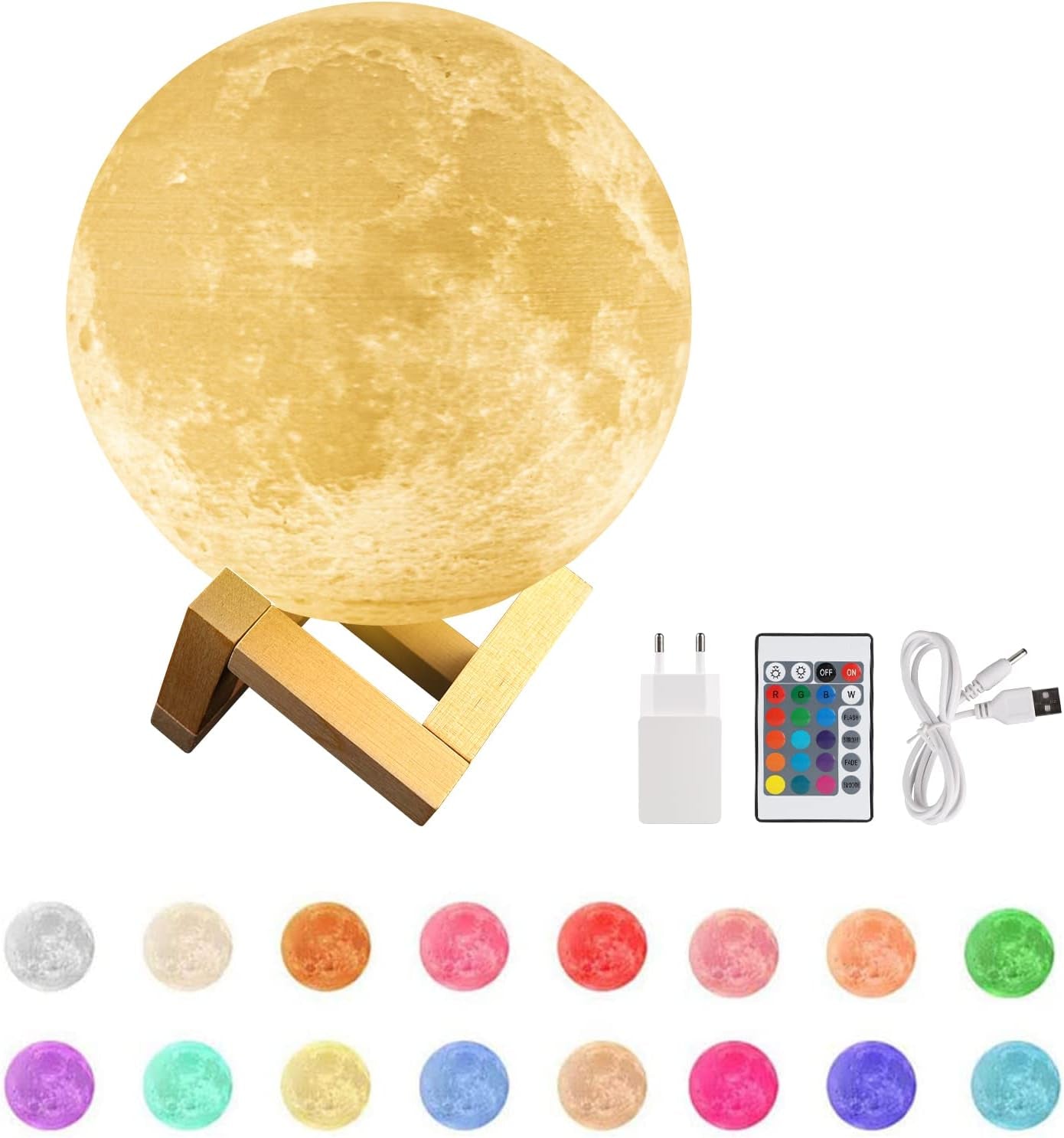 Lampada Luna 3D Stampa 15Cm 16 Colori RGB Telecomando Dimmerabile Con Toccare Il Controllo USB Ricaricabile Luce Notturna Con Adattatore Di Alimentazione [Classe Di Efficienza Energetica A+]