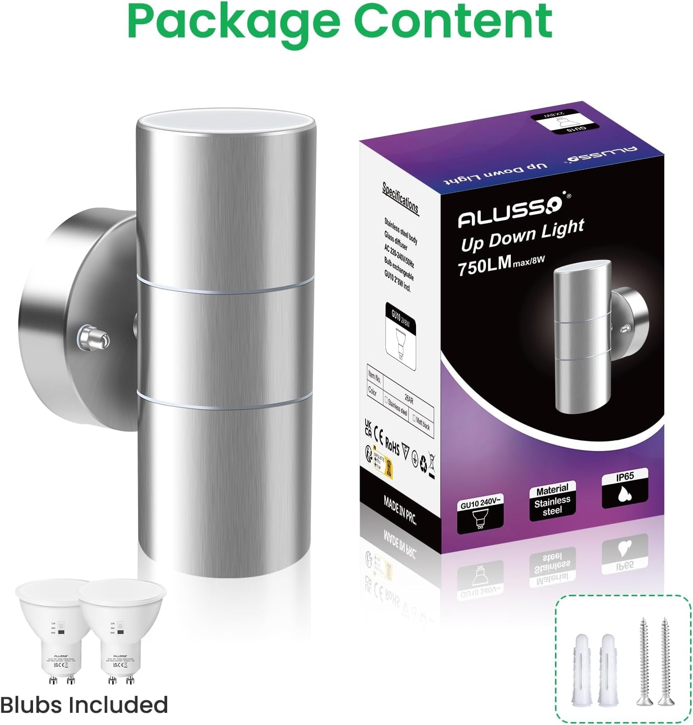 Acciaio Inox LED Lampade Da Parete Applique Da Esterno 8W 750LM up down Applique Da Parete Esterni, Con 2X Lampadine GU10 Variabile 3000K 4000K 6000K, IP65 Impermeabile per Portico Giardino, Argento