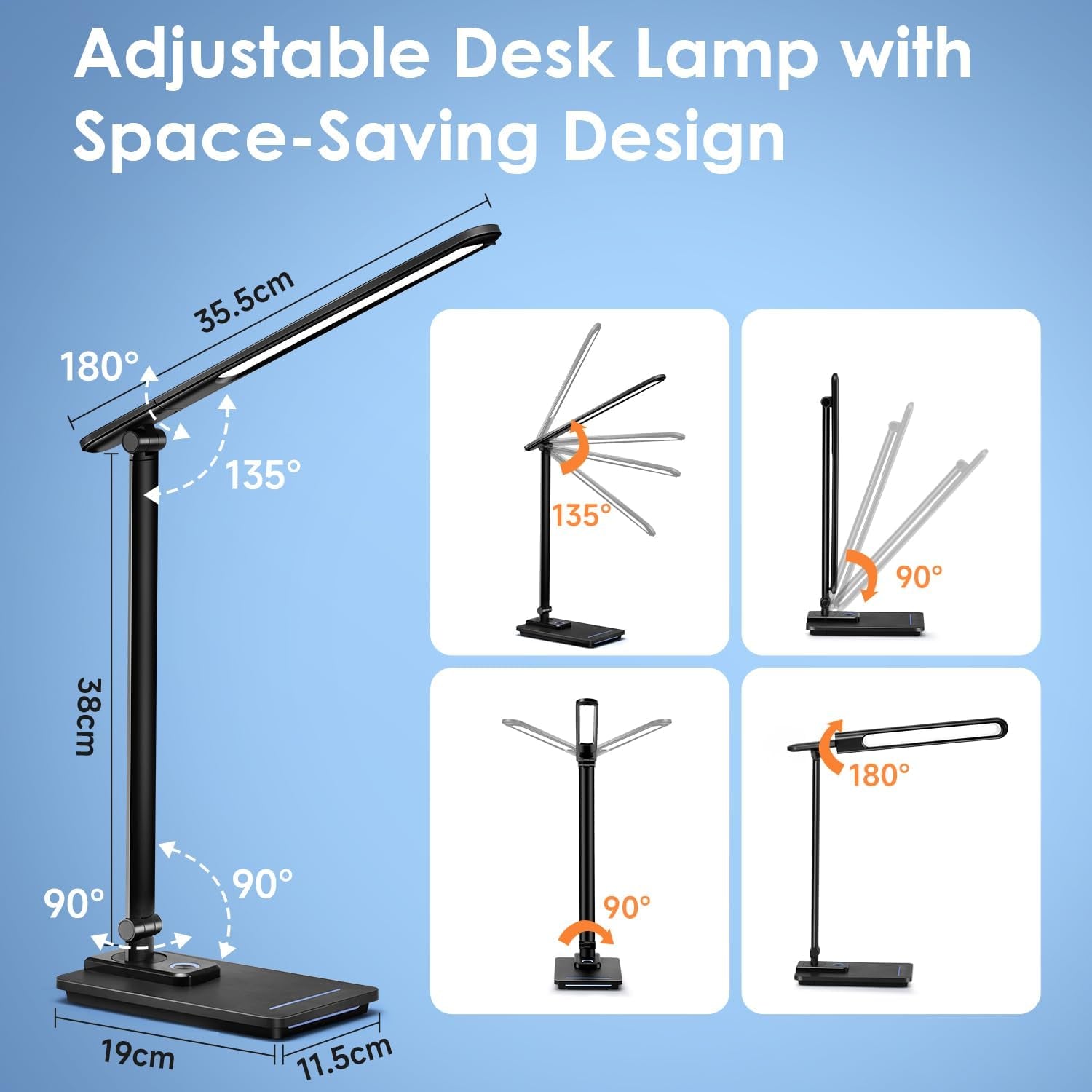 Lampada Da Scrivania Con 12W ADATTATORE, 900LM+15 Luminosità+5 Colori Lampada Da Tavolo LED Lampada Scrivania LED, Lampada LED Da Tavolo Con Puerto De Carga USB, Lampada Da Scrivania a Led Pieghevole