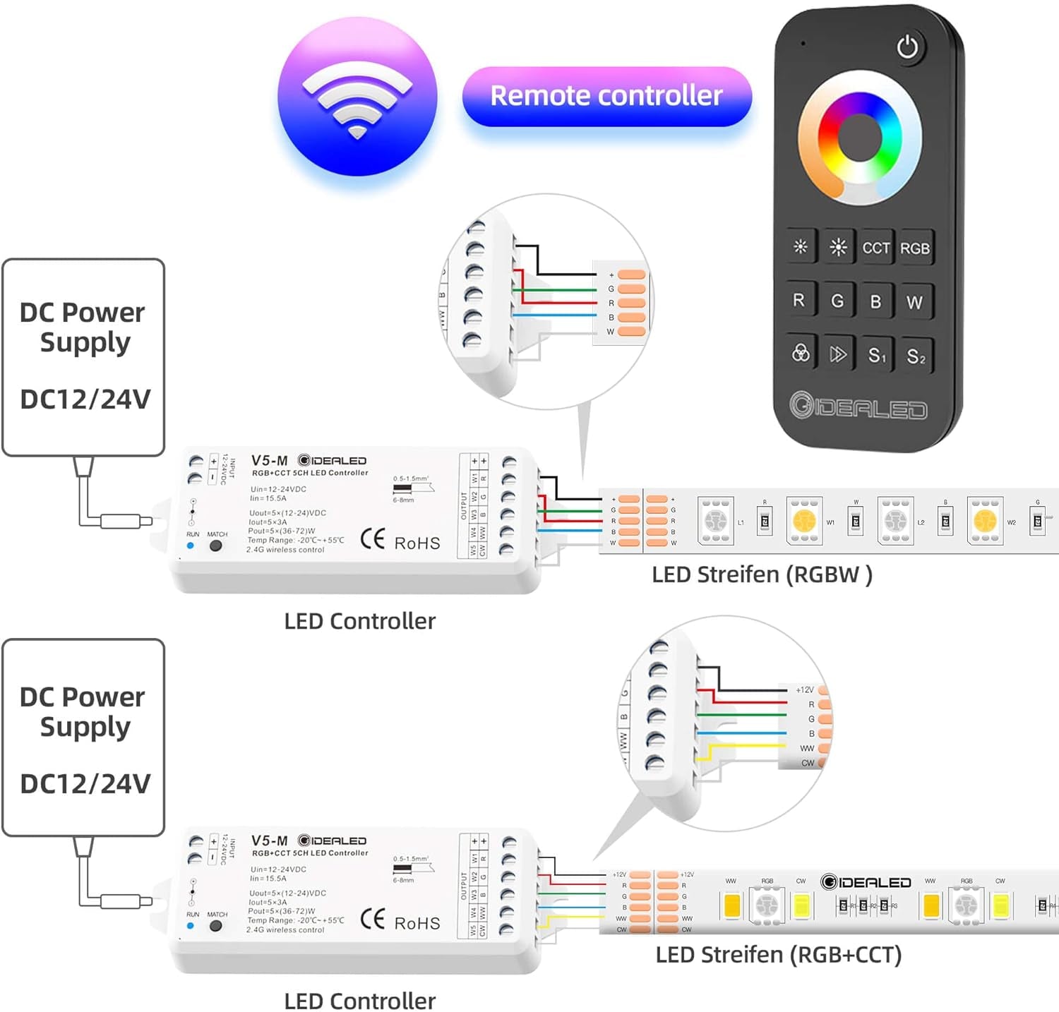 Controller a Strisce LED Wireless 5 in 1 Da 2,4 G, Con Telecomando RF, Dimmer LED RGBWW a 5 Canali per CCT RGB RGBW RGBCCT E 5 Strisce Luminose Bianche DC12-24 V