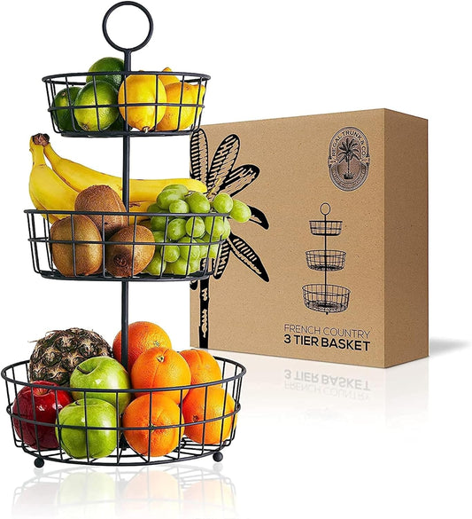 Cesto Di Frutta a 3 Livelli - Cesto in Filo Di Campagna Francese Di  | Cesto Di Frutta a Tre Livelli per Conservare E Organizzare Verdure, Uova E Altro | Da Tavola O Da Appendere.