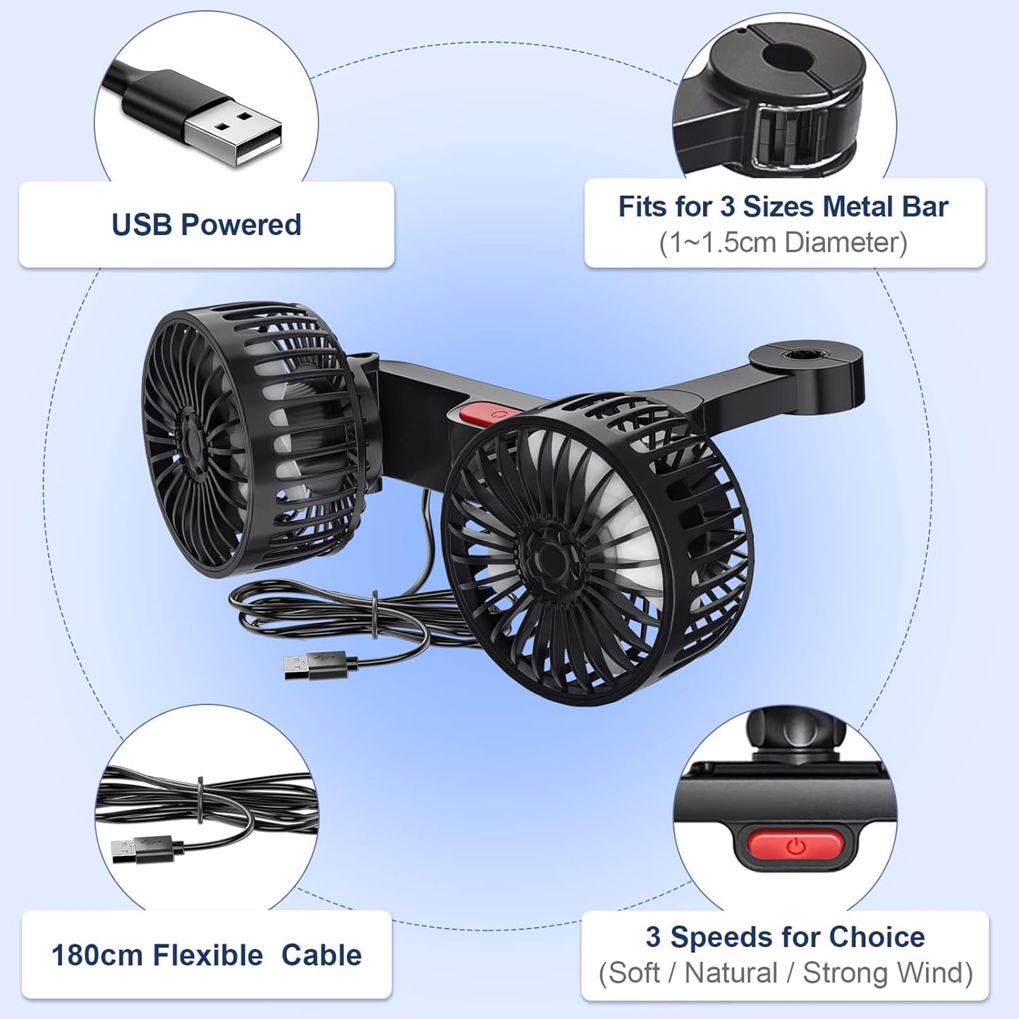 5V 2A Ventilatore Auto a Doppia Testa per Poggiatesta, Ventilatori USB Ventilatore Portatile Ventilatore Silenzioso Raffrescatore D'Aria Con 3 Velocità, 360° Ventilatore Da Tavolo Silenzioso