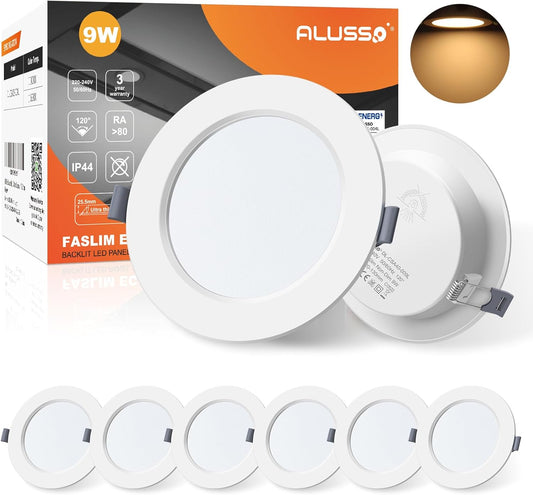 Faretti LED Da Incasso per Cartongesso, 9W 230V Bianco Caldo 3000K IP44 Ultrasottili 25Mm Rotondi Bianco Luci Da Incasso per Bagno Cucina, Diametro 145Mm, Diametro Foro 115-135Mm, Set Di 6
