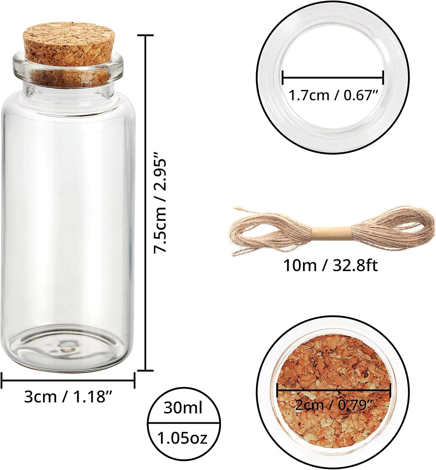 Confezione Da 36 Set Barattolini Vetro Piccoli Con Tappo Sughero - 30 Ml - Mini Barattoli Porta Spezie Ermetici, per Bomboniere, Marmellata E Feste