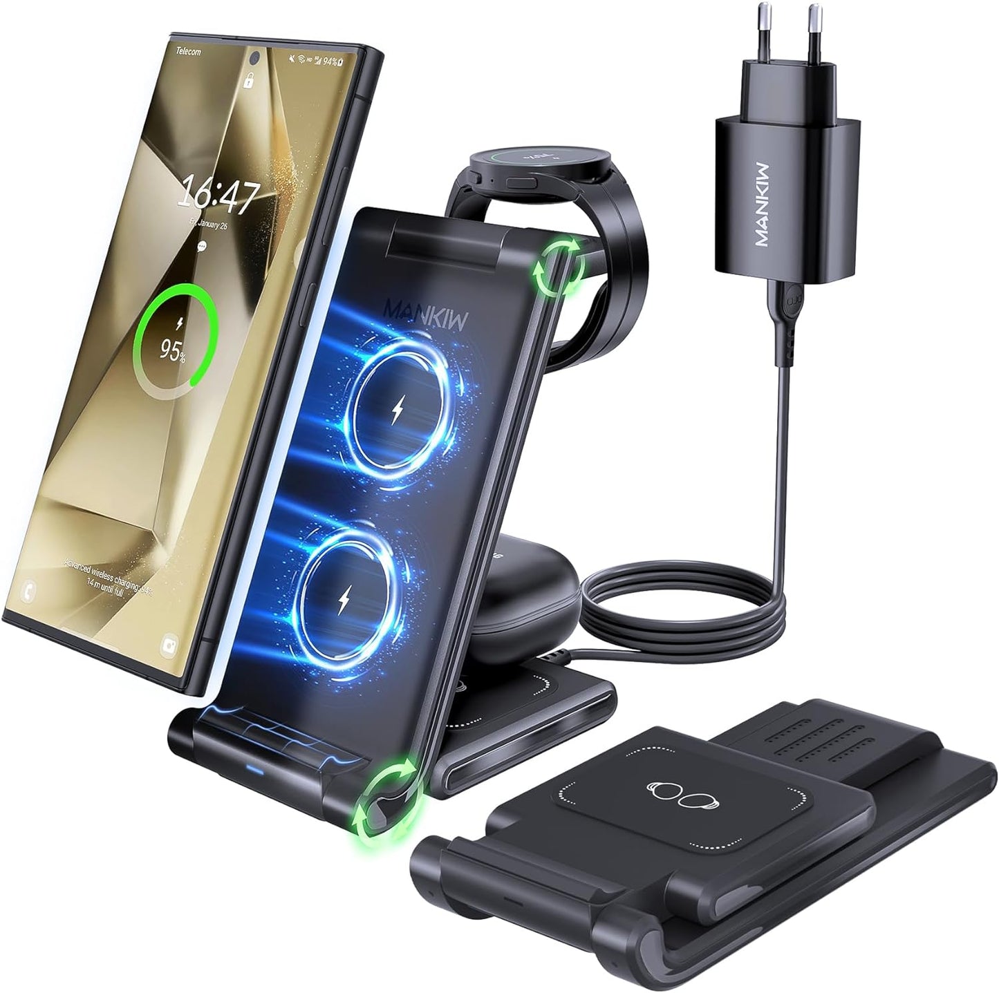 Stazione Ricarica per Samsung,  Pieghevole 3 in 1 Base Ricarica Wireless per Samsung S24/S23/S22/S21/S20, Z Fold 5/4/3, Note20/10 Ultra, Watch 6/5/4/3/Active, Buds2/+/Pro/Live