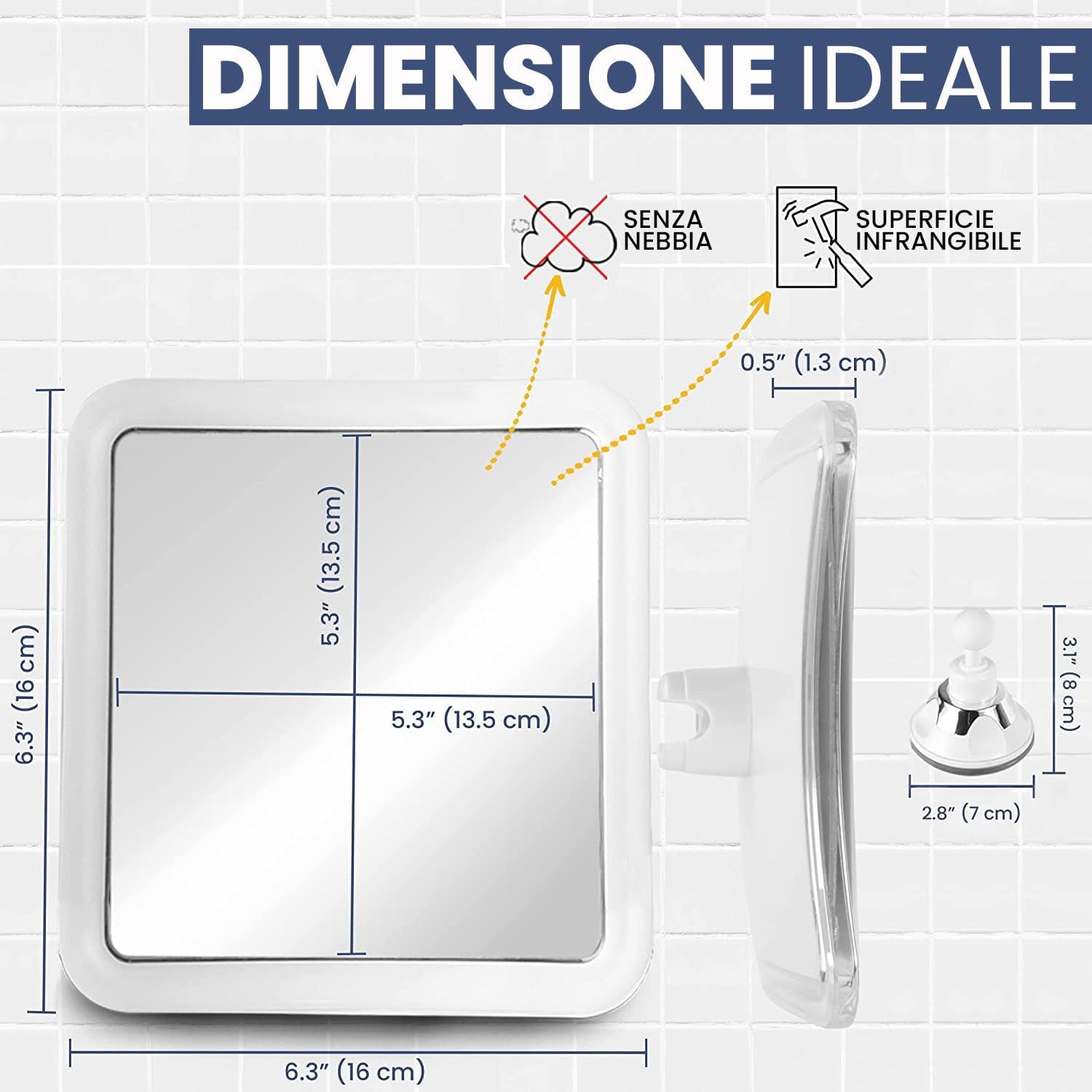 Specchio Doccia Con Ventosa, Specchio Antiappannamento per Doccia, Specchi Da Barba Antiappannamento, Specchio in Plastica Infrangibile, 16X16Cm