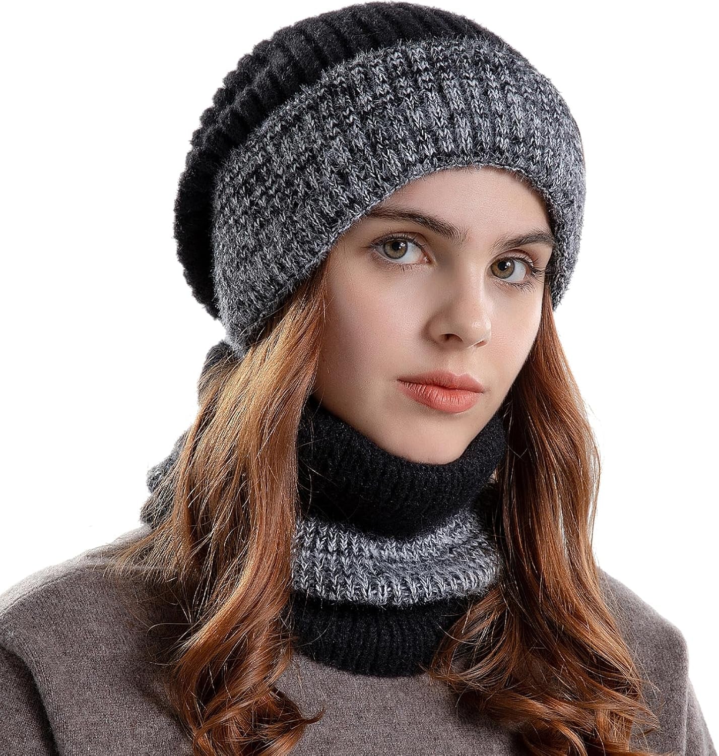 2 En 1 Cappello Donna Invernale Autunno Berretto E Sciarpa Elastico Beanie Scaldacollo in Maglia Berretti Cappelli Da Bici Sci All'Aperto Con Foderato in Pile