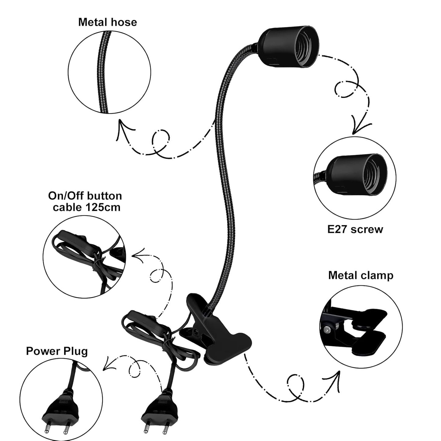 Portalampada E27 Con Clip: 2 Pezzi Lampada a Morsetto E27 Collo D'Oca Regolabile a 360°, Lampada a Morsetto E27 Cavo Lungo Con Interruttore E Spina, Nero (Senza Lampadina)