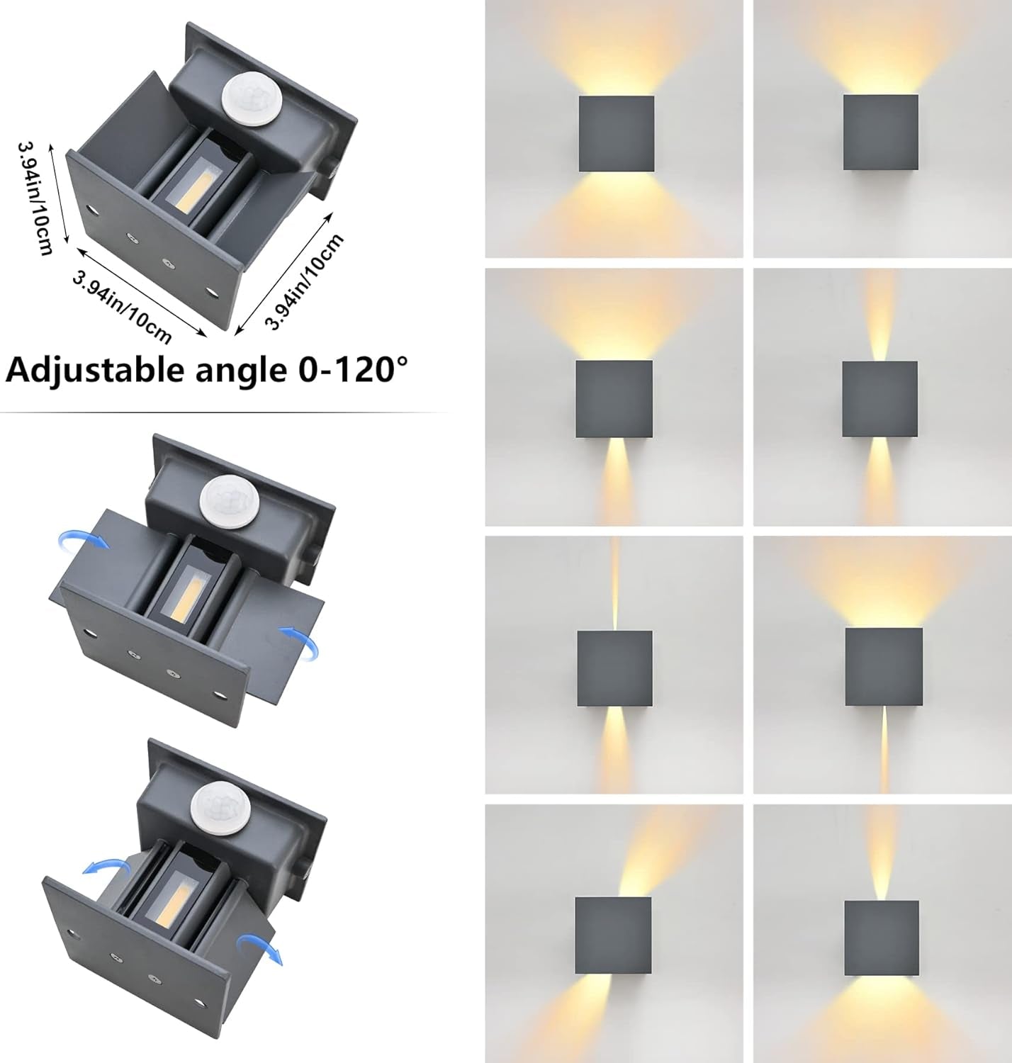 BOYIR Lampada da Parete per Esterno con Sensore di Movimento Lampada da Parete a LED 12W IP65 Lampada da Parete per Esterno Impermeabile con Angolo del Fascio Regolabile 3000K Illuminazione da Parete Bianca Calda per Interni/Esterni, Antracite