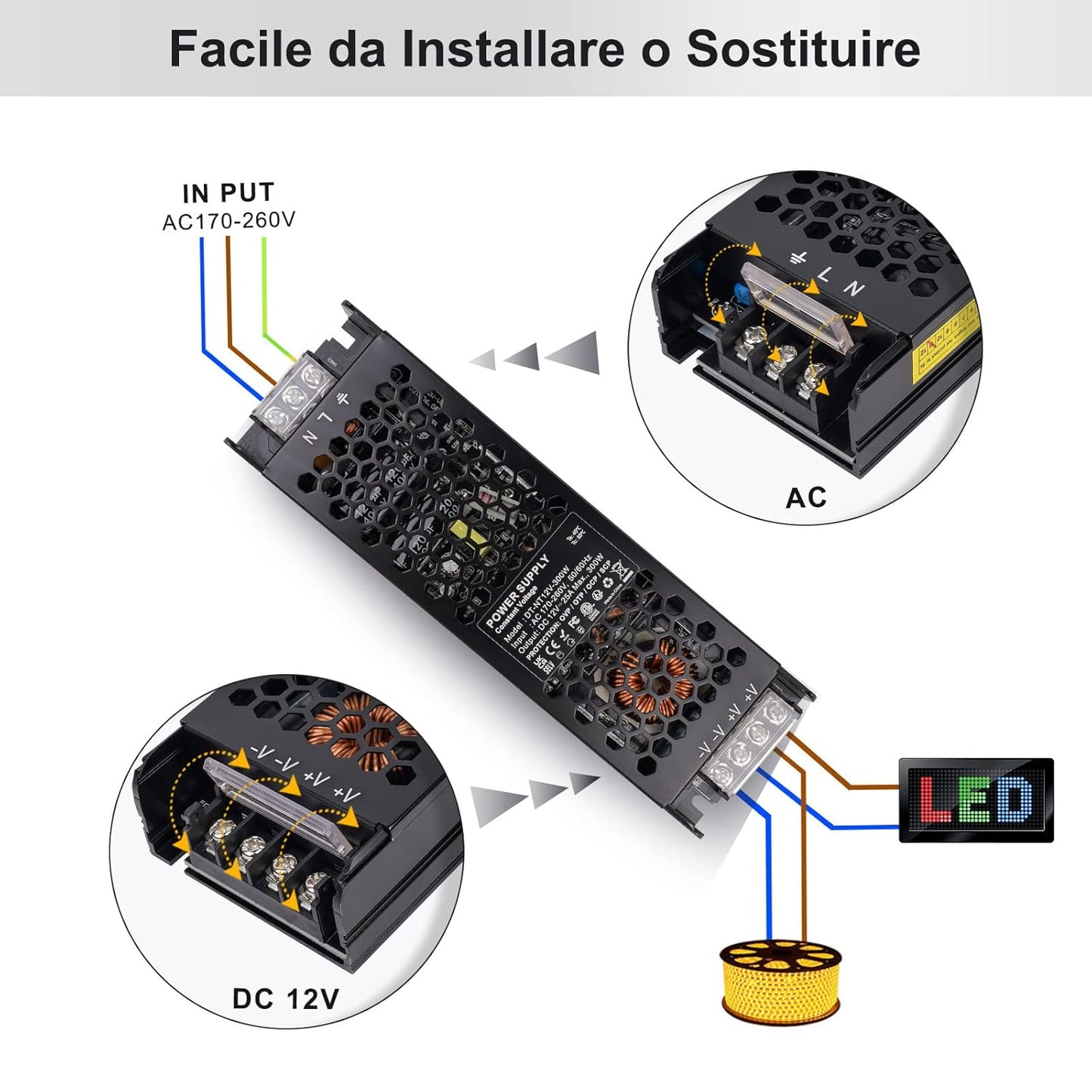 Trasformatore LED 12V 300W Alimentatore 25A Driver LED AC 170-260V a DC 12V Trasformatori Adattatore LED a Tensione Costante LED Power Supply Bassa Tensione per Strisce Luci Lampada LED