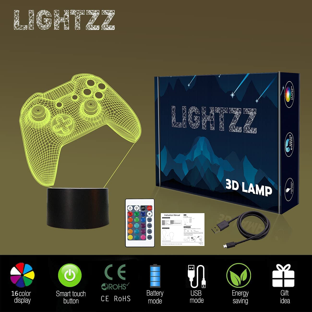 Luce Notturna 3D Gamepad, Game Console Illusion Lampada Con Telecomando + Touch 16 Colori Lampeggiante Cambiando Da Decorazione Camera Regali Di Compleanno per Fan Di Gioco