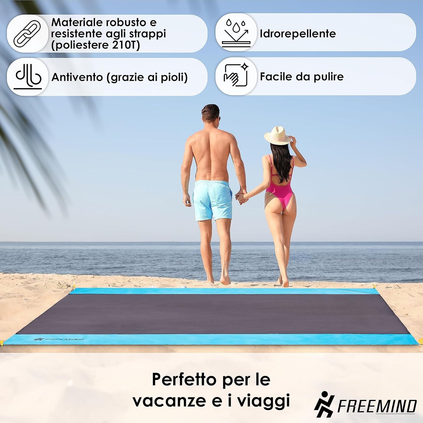 ® XXL Coperta Da Picnic, Spiaggia, Viaggio, Ultraleggera, Sottile, 2 X 2 M, Impermeabile, Compatta, Senza Sabbia, per Campeggio, Mare, Con Custodia, 4 Picchetti, Moschettone