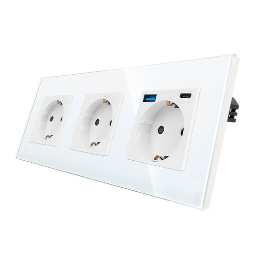 Presa Tripla in Vetro Con 2 Porte USB, 1 X (Supporto Tipo C E Tipo a Ricarica Rapida Da 20 W) – Presa Schuko Da Incasso in Bianco – Presa Da Parete Con Cornice in Vetro