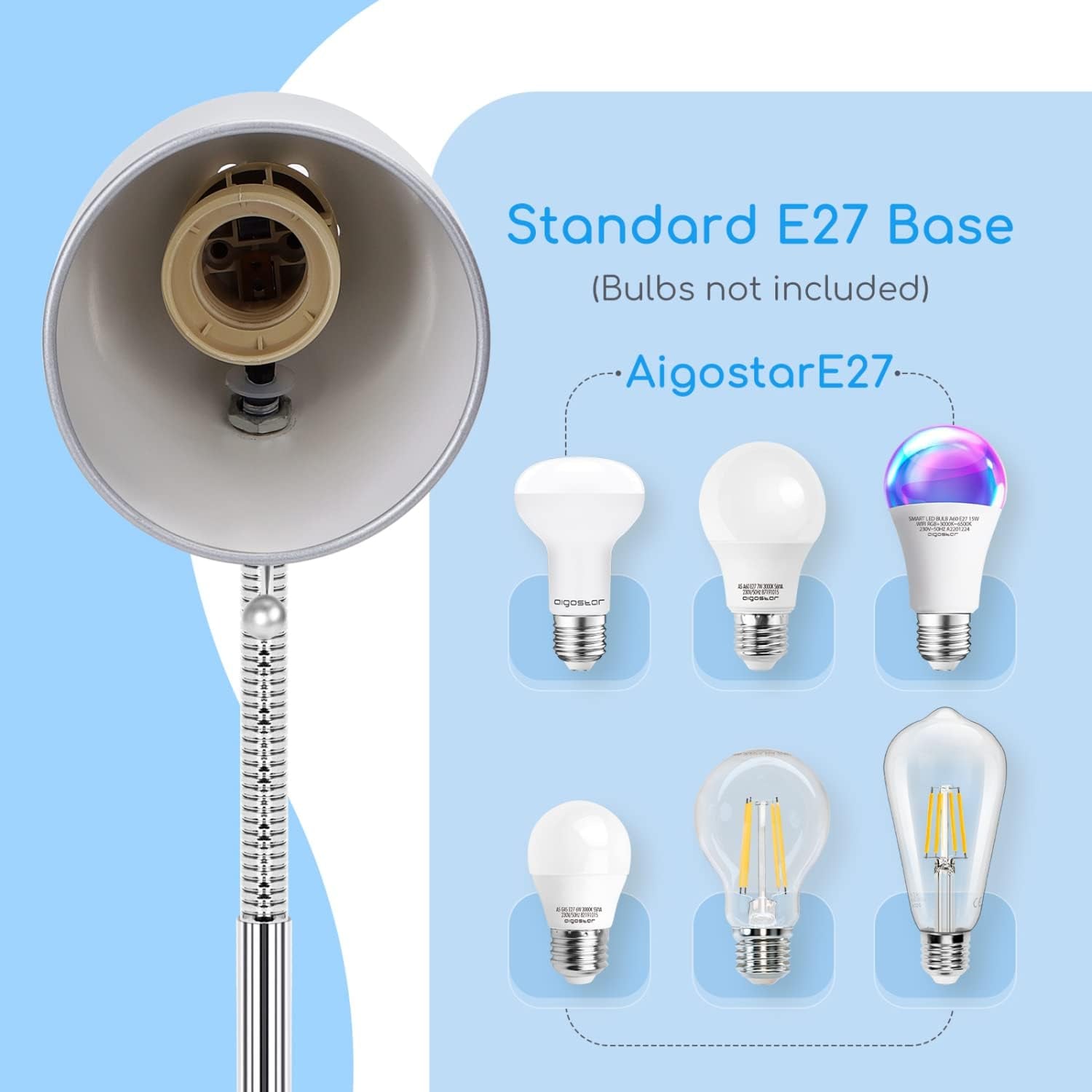 Lampada Da Lettura Con Pinza， Lampada Da Scrivania Vintage Con Clip，Compatibile Con LED Lampadinea a Modello E27，Max. 11W，Lampadina Non Inclusa，Con Metallo Braccio Regolabile E Cavo，Argento