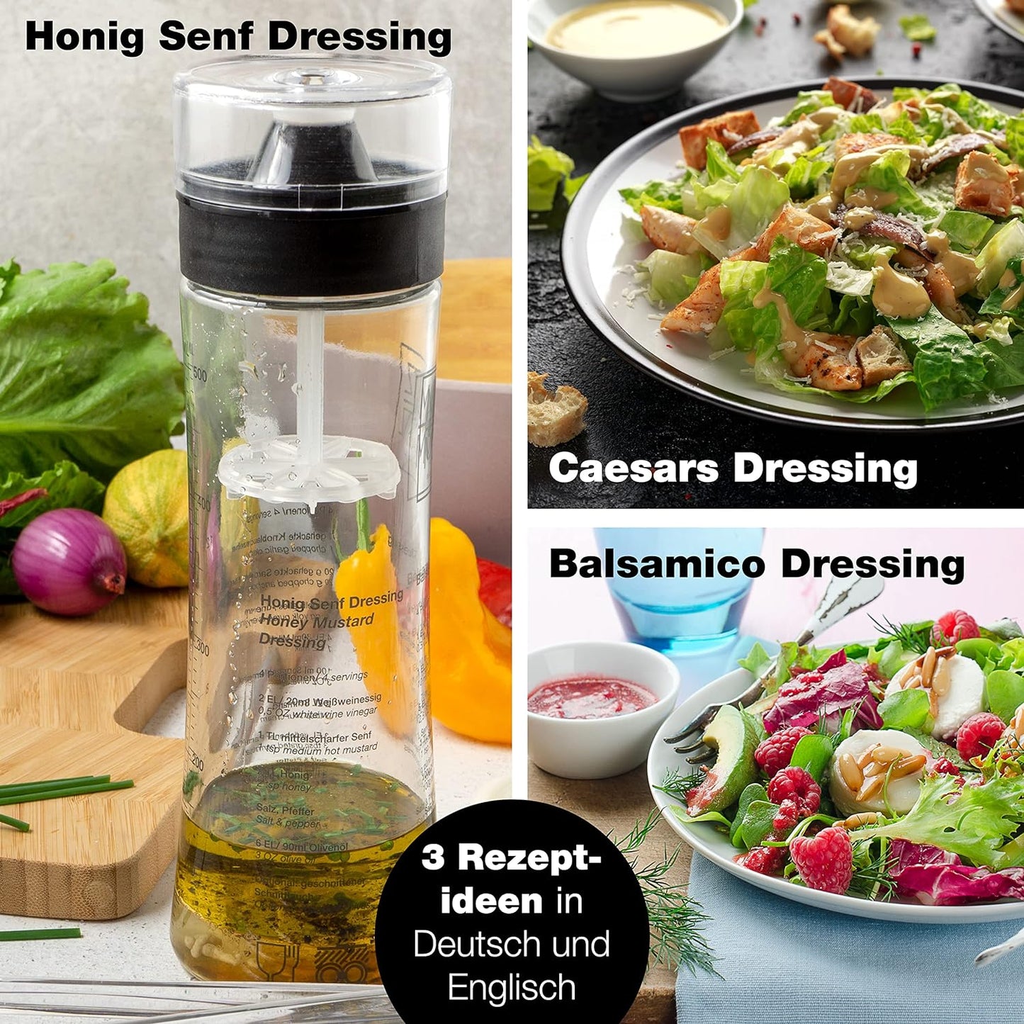 Shaker per Condimento 500 Ml – Recipiente in Vetro per Condimenti per Insalata Con Scala Graduata E 3 Ricette in Tedesco E Inglese - Comprese Posate per Insalata