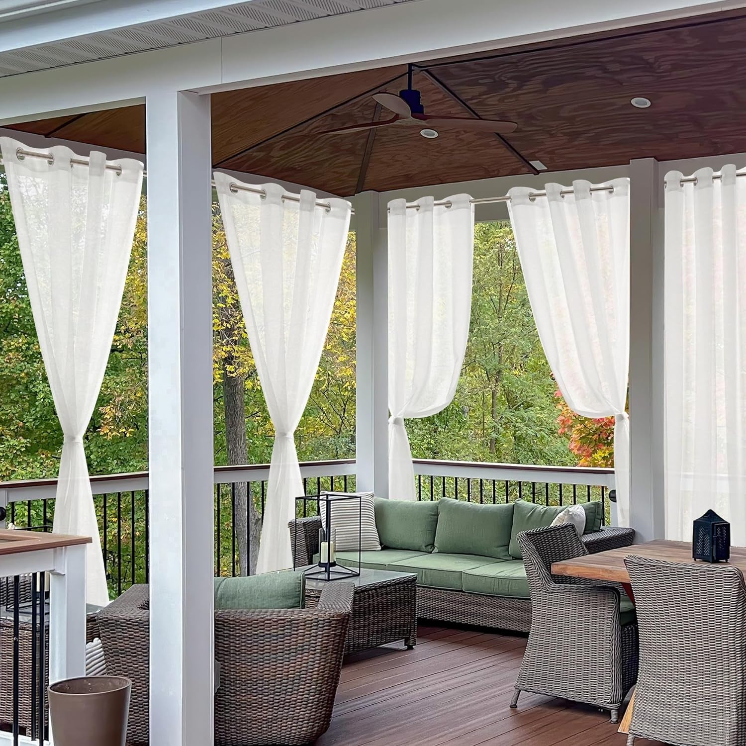 Tende per Esterni Impermeabile 140X214 CM Bianche Con Occhielli 2 Pannelli, Tende Da Esterno in Voile Semi-Trasparenti per Giardino, Balcone E Gazebo