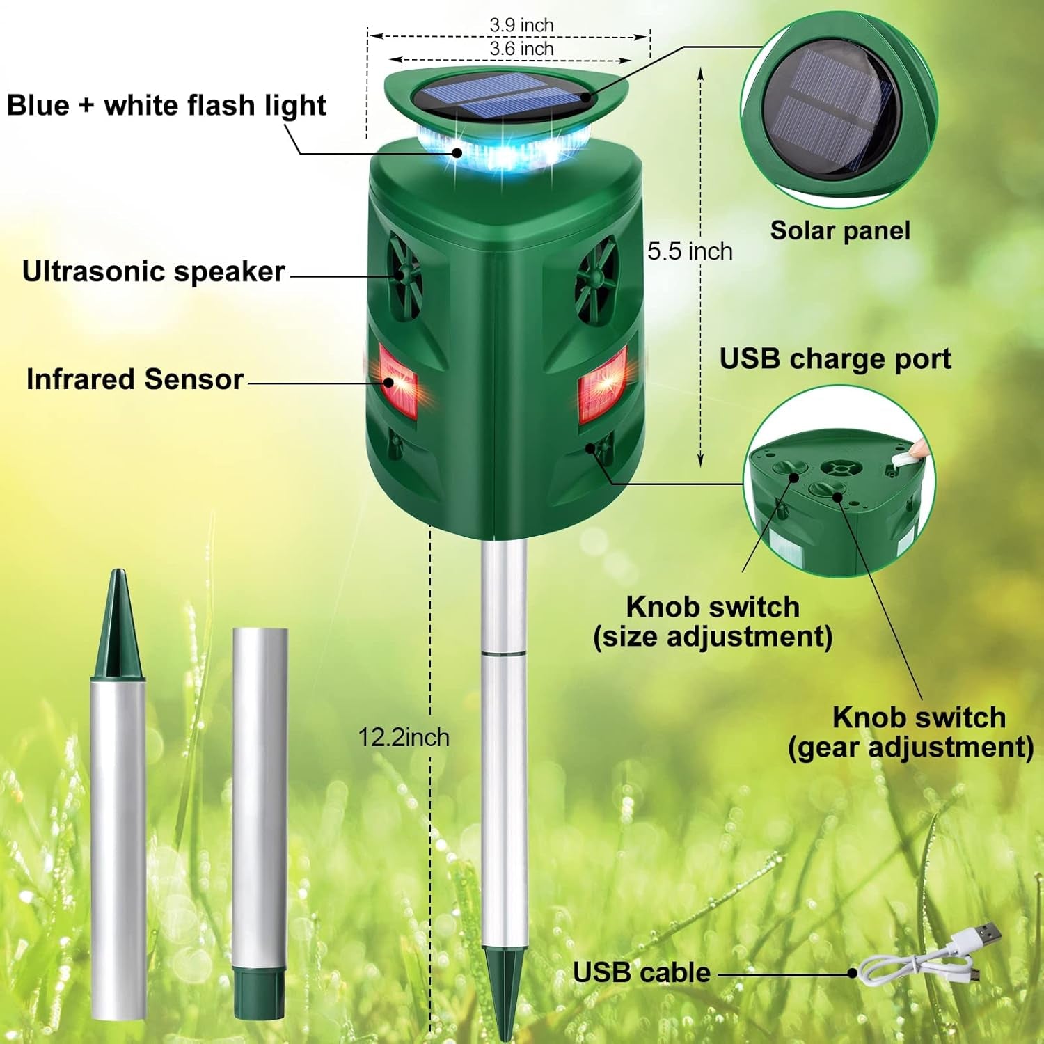 Repellente Esterno Ad Ultrasuoni Solare a 360° Con Sensore Di Movimento E Luce Lampeggiante LED, 5 Modalità Regolabili E Impermeabili, per Cani, Gatti, Conigli, Volpi, Cervi per Giardino, Cortile