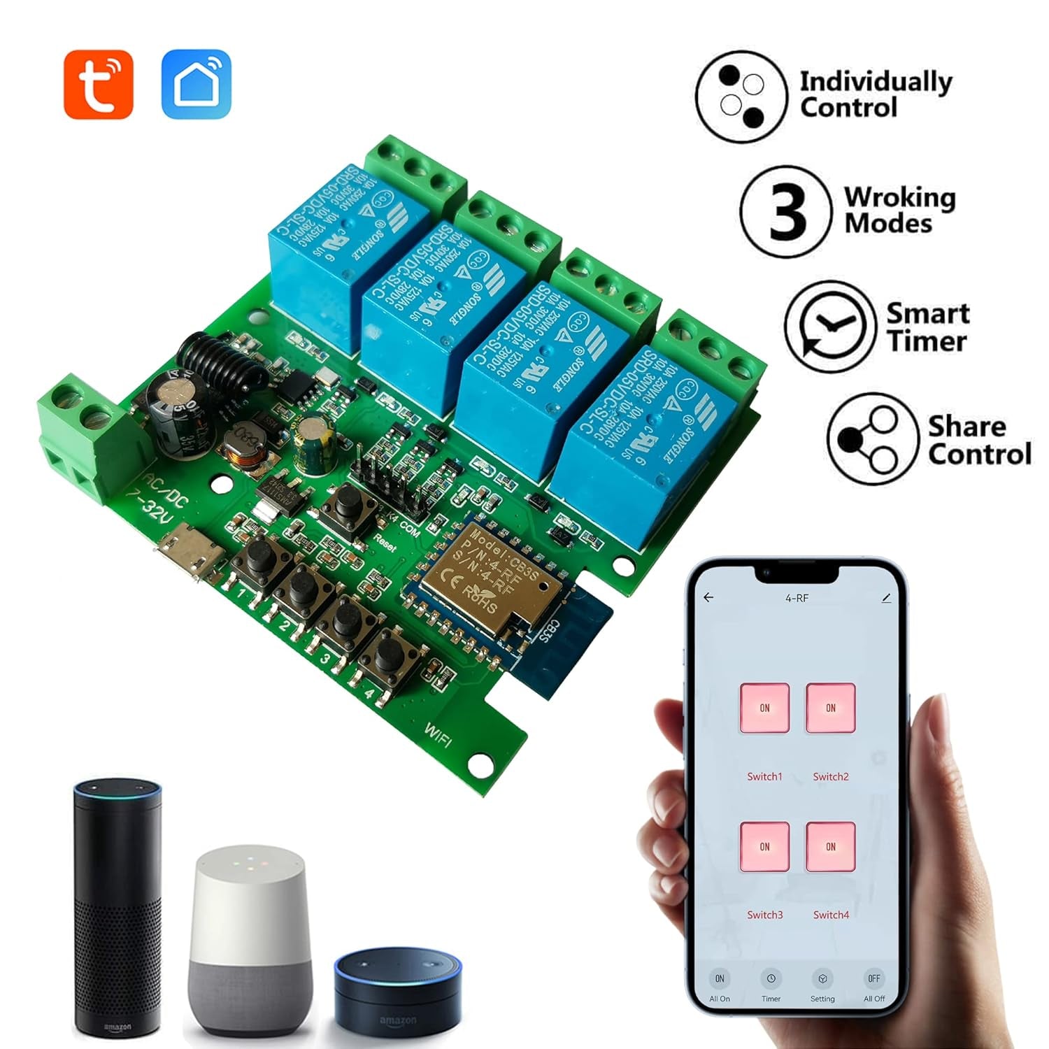 Modulo Relè Wifi Interruttore Intelligente a 4 Canali Interruttore Momentaneo/Autobloccante/Interblocco Interruttore Porta Garage Fai Da Te per Tuya/Vita Intelligente APP