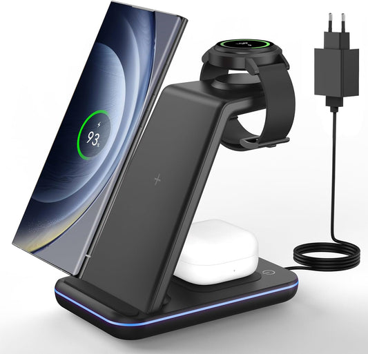 Caricabatterie Induttivo 3 in 1 per Samsung S23/S22/S21/Z Flip/Fold, Caricatore a Induzione per Galaxy Watch 5/4/3/Active, Caricatore Senza Fili per Galaxy Buds, Nero