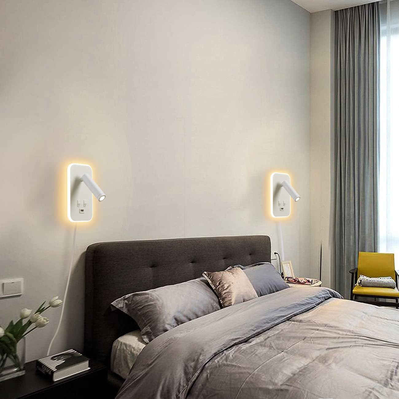 Lampada Da Parete a LED, Lampada Da Lettura Da Comodino, Con Porta Di Ricarica USB, Faretto Regolabile Con Luce Ambientale per Camera Da Letto (3W 3100K+9W 6000K) Con Cavo E Spina, Bianco