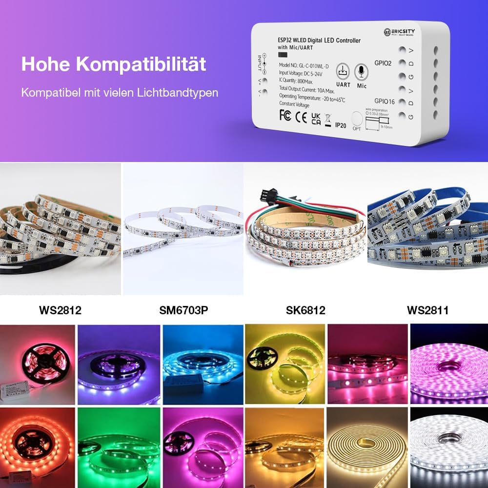 WLED Addressable Strip Controller ESP32, Server Web per Il Controllo Di LED Neopixel (WS2812B, WS2811, SK6812) O Chipset Basati Su SPI 5-24 Volt WIFI Smart LED Installazione Domestica