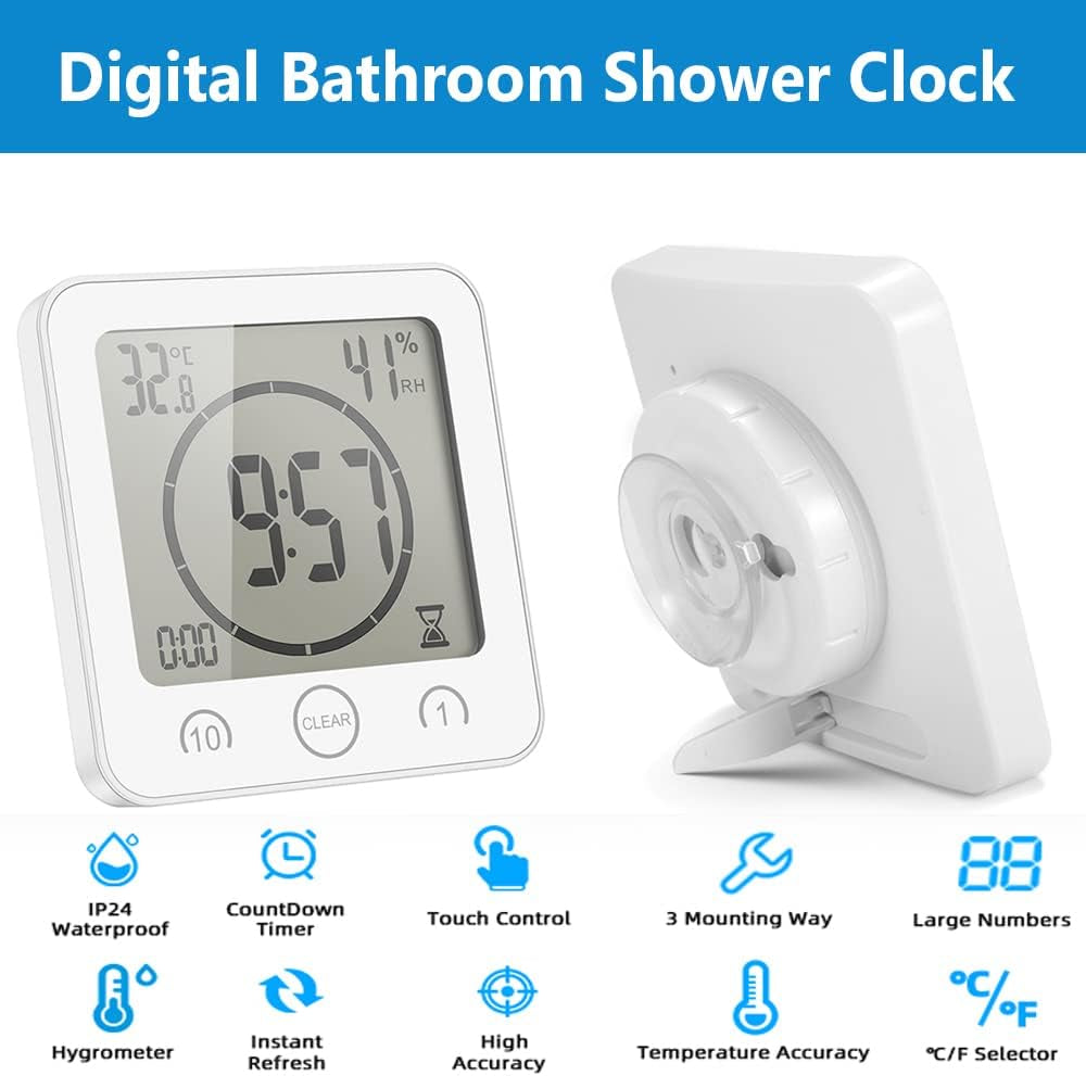 Orologio Da Bagno,Lgrometro Termometro Digitale,Monitor Umidità Da Interno,Stazione Meteo Con Espressione Facciale per Stanza Da Bambino LCD Touch Control Timer Allarme per Cucina Bagno