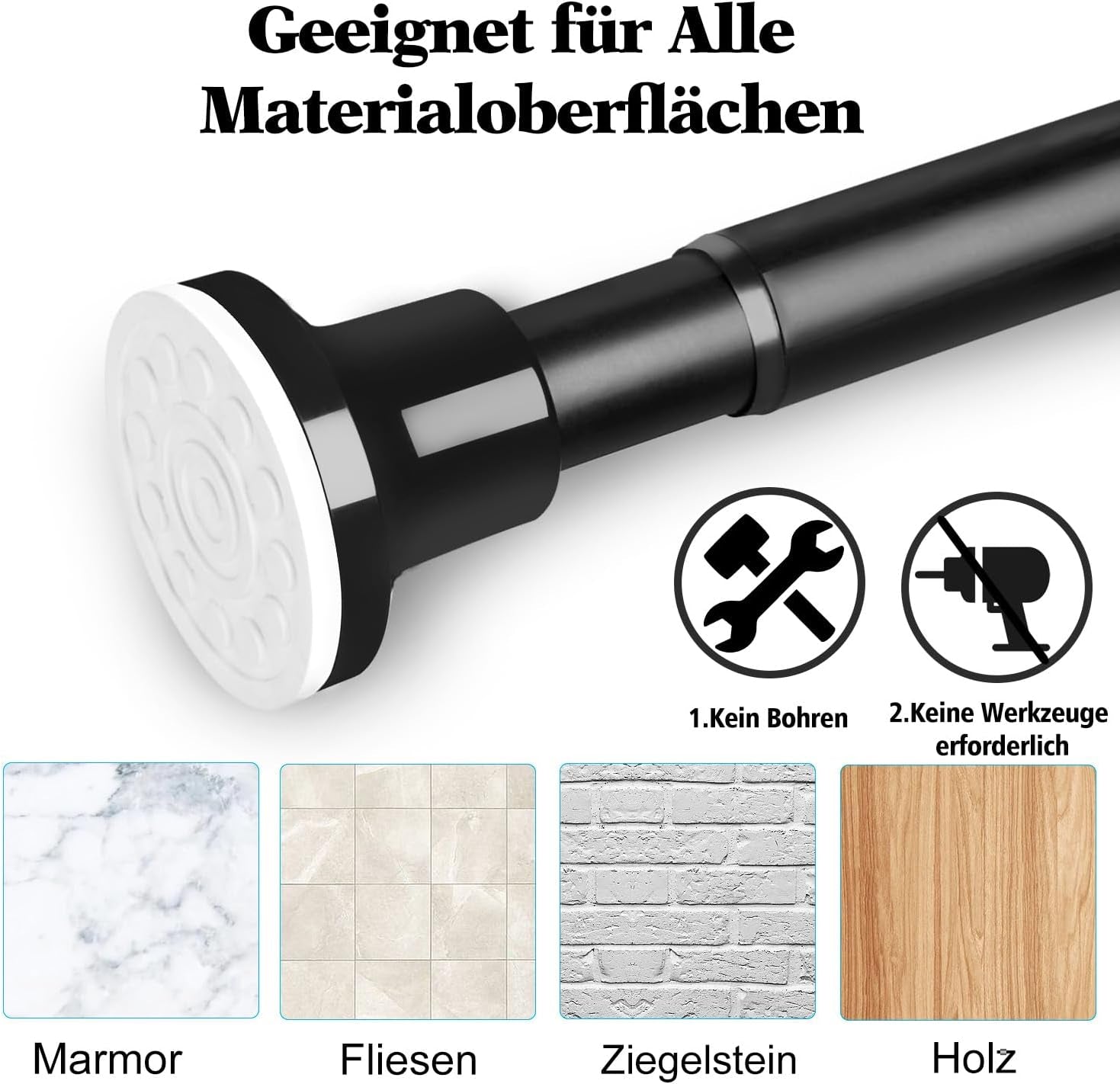 Asta per Tenda Da Doccia, Colore Nero Opaco, Regolabile, Telescopica, 74-255 Cm, Senza Fori E Antiruggine, per Bagno, Finestre