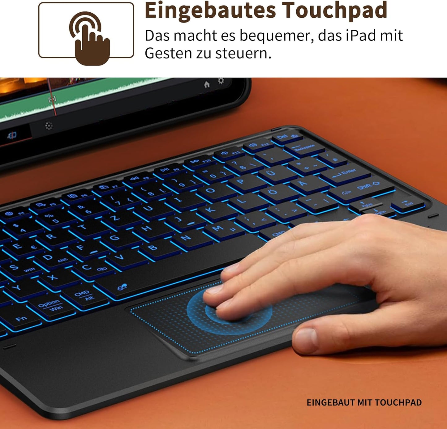 Tastiera Touchpad, Tastiera QWERTZ Senza Fili Con 7 Colori Illuminati Compatibile Con Ipad, Tablet Android, Windows, 10 Pollici, Nero