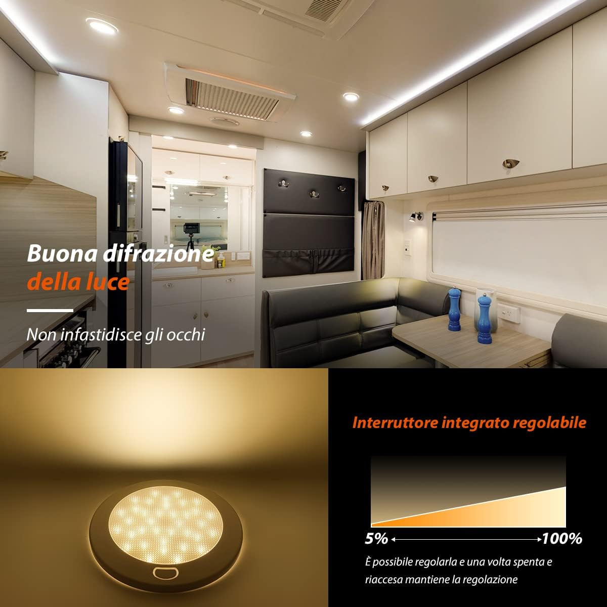 Plafoniera LED Soffitto 12V Camper Barca Caravan Illuminazione Interna Dimmer Continuo IP44 Bianco Caldo