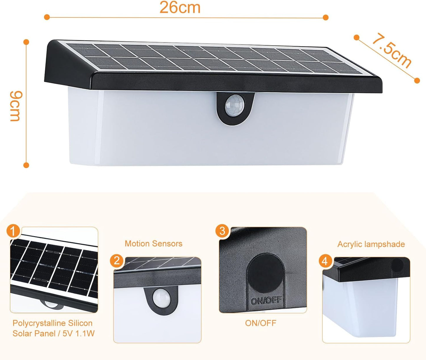 Lampada Da Esterno Solare Con Sensore Di Movimento Luce Da Parete Senza Fil Applique Da Parete Esterna Solare IPX4 Luce Solare Led Esterni per Giardini Terrazze Garage Patio - Bianco Neutro