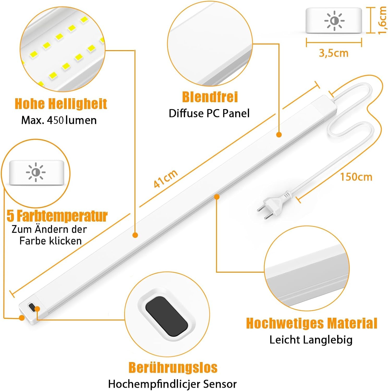 SIBI Luce sottopensile da cucina LED, Striscia luminosa dimmerabile da 41 cm con sensore senza contatto, Lampada da cucina LED a 5 temperature di colore Illuminazione sottopensile per armadi, banchi da lavoro, scaffali, 450 Lm